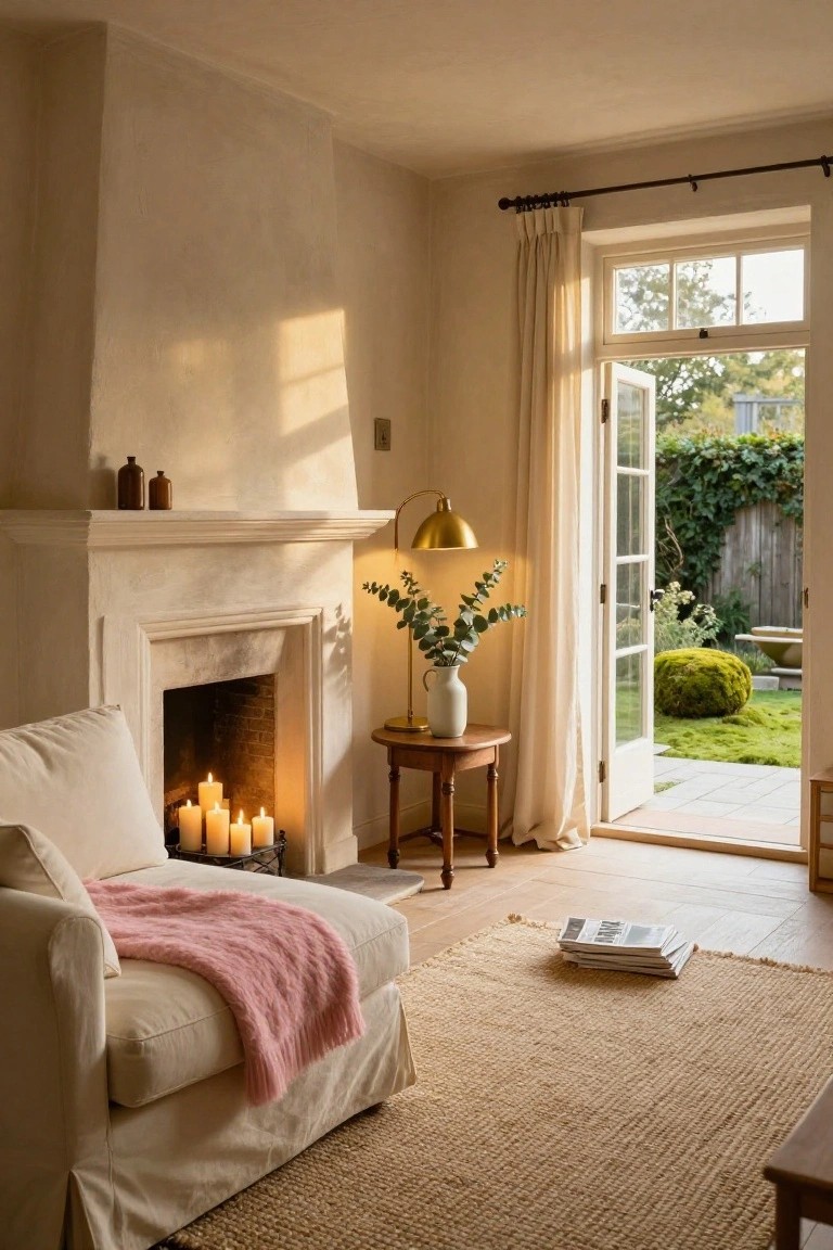 White slipcovered chaise lounge with pink throw beside a lit brick fireplace with candles, gold lamp and eucalyptus vase on wood side table, open French doors to garden with moss ball and greenery, beige walls and jute rug.