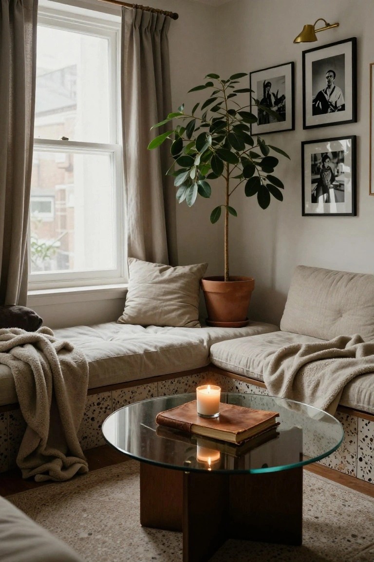 A light beige cushioned bench built along a window in a neutral living room, with a round glass-topped wooden table holding a lit white candle and leather-bound books, a tall potted green plant nearby, black and white framed photos on the wall, and cream throw blankets draped over the bench.