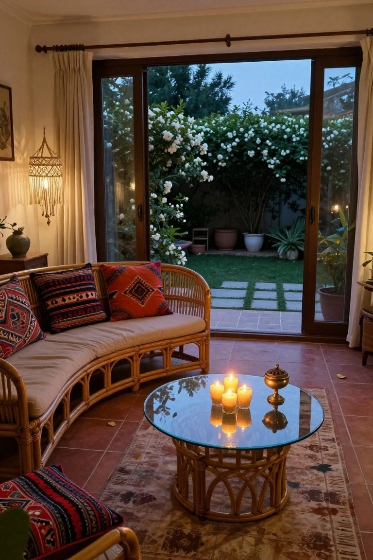 Cozy living room with rattan furniture, colorful cushions, candles, and garden view.