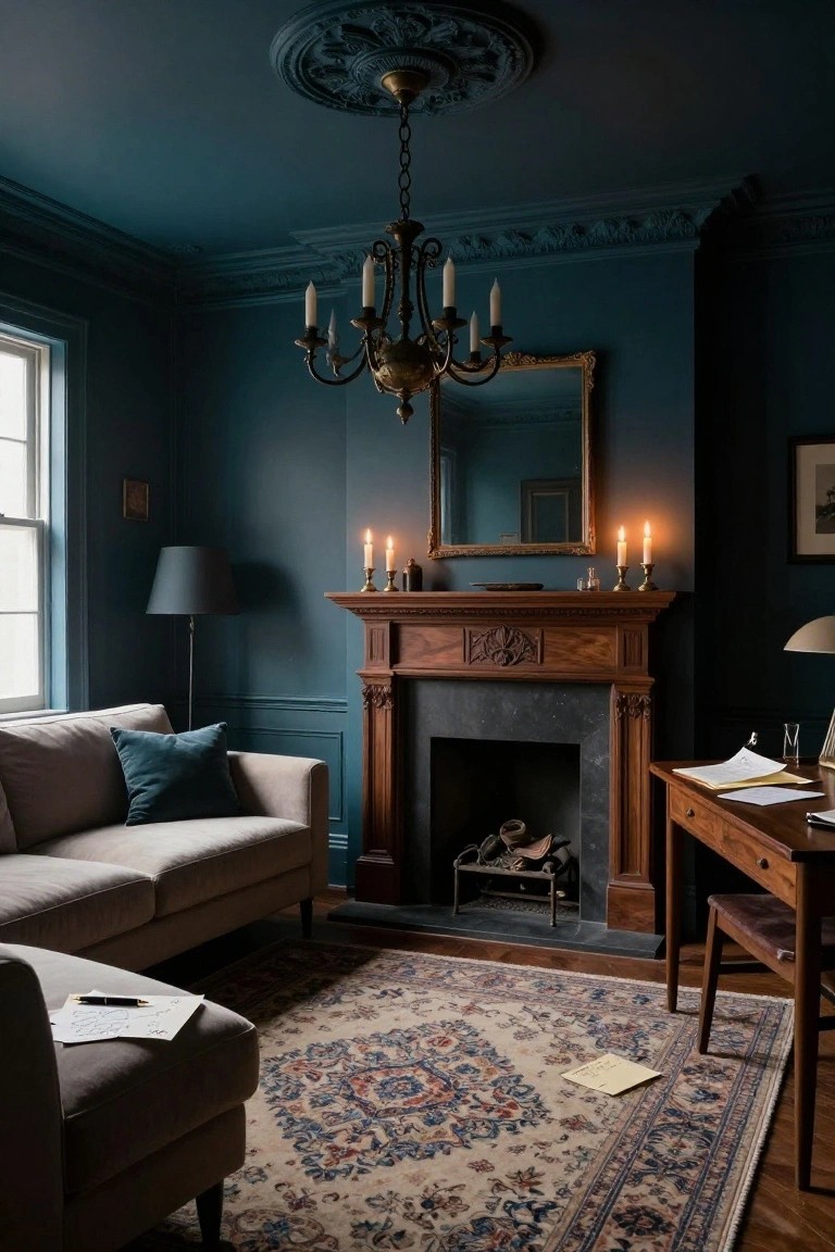 A living room interior with deep teal walls, ornate wooden fireplace mantel, beige sofa with teal pillow, brass chandelier, desk, and patterned rug.
