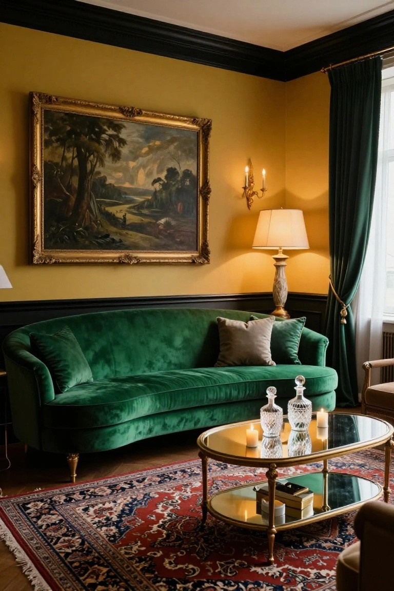 A cozy living room with mustard yellow walls, a large emerald green velvet sofa, gold coffee table with candles and decanters, landscape painting, and green drapes.