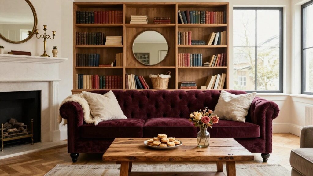 Corner of a living room with tall wooden bookshelves filled with books, deep burgundy tufted velvet sofa with pillows, rustic wooden coffee table holding plates of cookies and a vase of roses, marble fireplace, tripod floor lamp, and window with curtains.