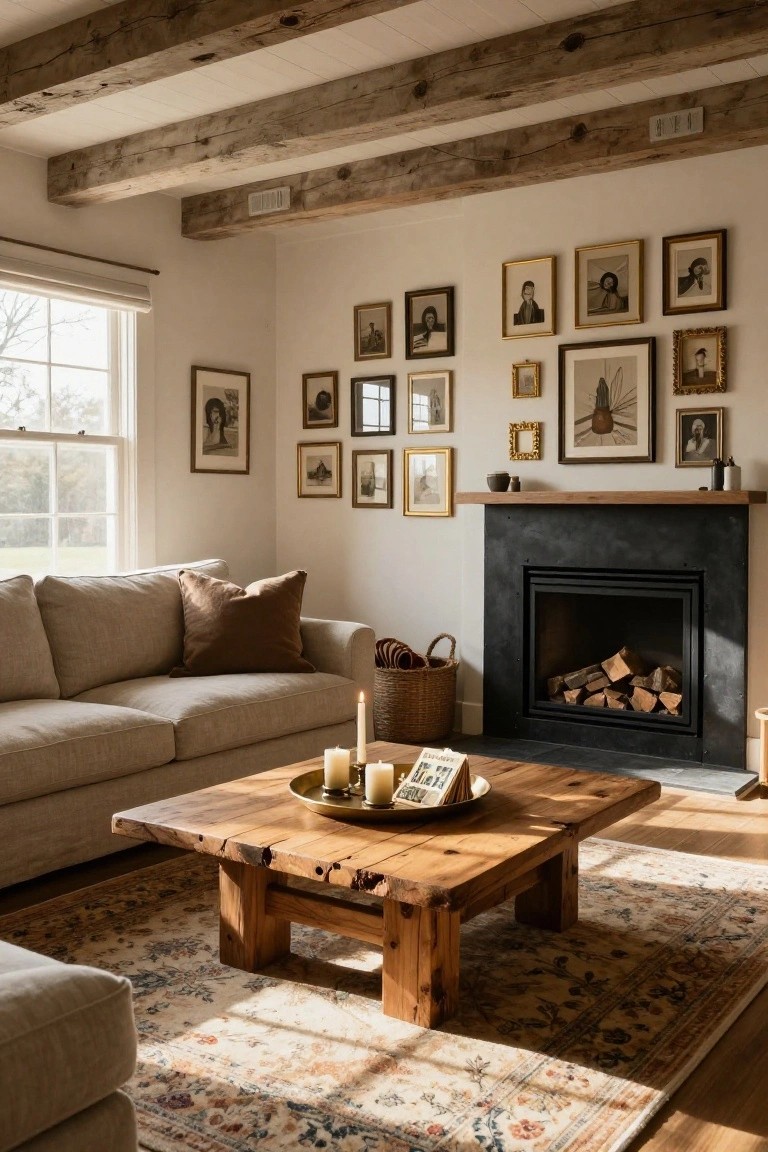 Living room with beige sofa, rustic wooden coffee table holding candles and tray, black fireplace with logs and wood mantel, gallery wall of assorted gold-framed photos and art on white wall, exposed beam ceiling, oriental rug on hardwood floor.