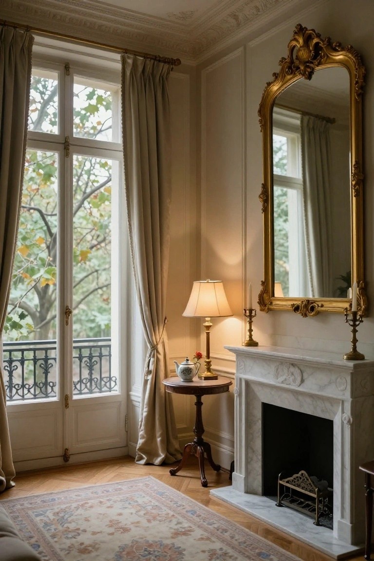 Interior corner of a light-colored room with white marble fireplace, large ornate gold-framed mirror above it, brass candelabras on mantel, round wooden table holding lamp and teapot, tall French windows with beige drapes showing trees outside, and parquet floor with rug.