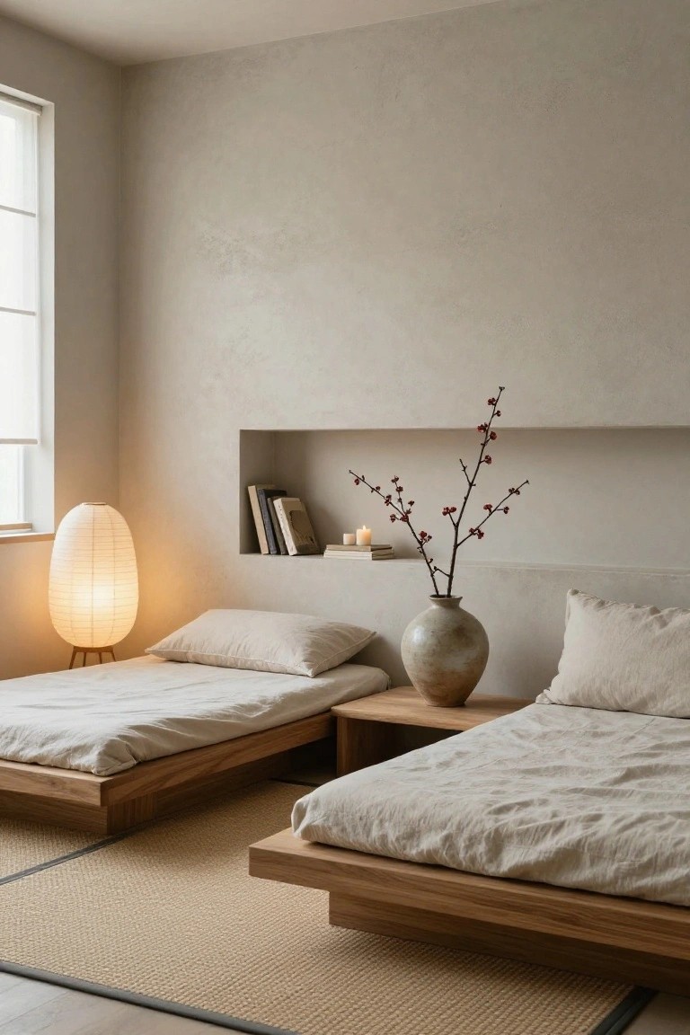 Minimalist bedroom with two low wooden platform beds covered in beige linen bedding, a wooden nightstand holding a large ceramic vase with branches, a white rice paper floor lamp, beige textured walls with a built-in niche shelf displaying books and a candle, and a tatami-style rug on the floor.