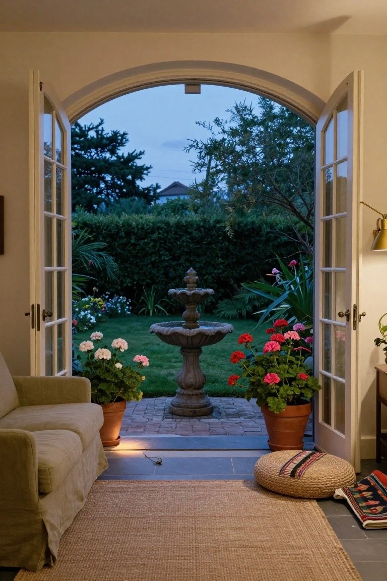 Open French doors from an indoor room with a linen sofa and jute rug lead to a paved courtyard patio centered on a stone fountain, flanked by potted geraniums, with lawn, palms, and hedges beyond under twilight sky.