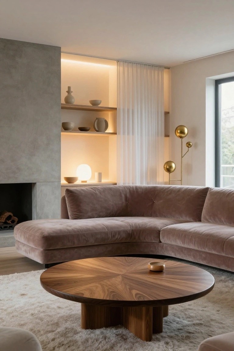 Modern living room with large curved blush velvet L-shaped sofa facing a concrete fireplace wall with built-in shelves holding ceramics, round wooden starburst coffee table on fluffy white rug, sheer curtains at window, and gold ball floor lamp.