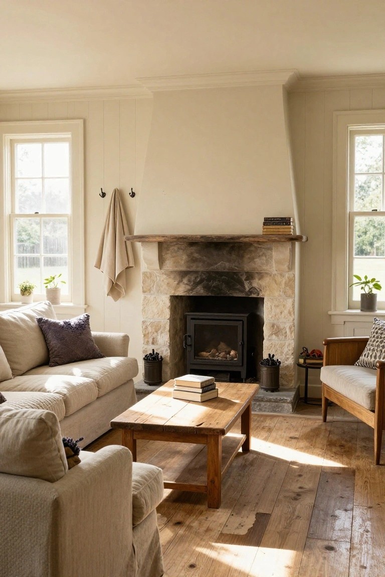 Cozy living room with rustic stone fireplace, beige linen sofas, wooden coffee table, potted plants, and large windows with natural light.
