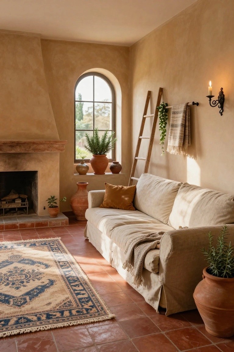 Sunlit living room interior with terracotta tile floors, beige stucco walls, stone fireplace, beige linen slipcovered sofa with pillows and throw, multiple terracotta pots holding plants, leaning wooden ladder draped with plants and linens, arched window, and wall sconce with candle.