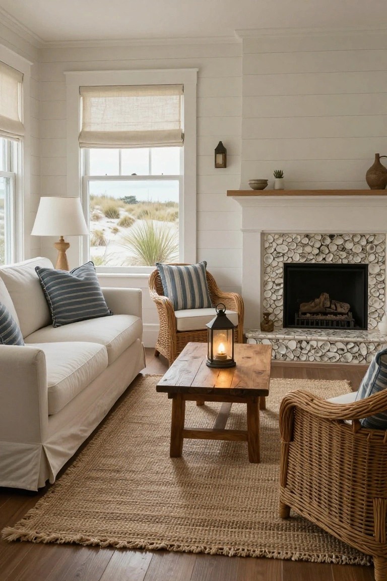 A cozy living room with white shiplap walls, white slipcovered sofa with blue striped pillows, wicker armchairs, wooden coffee table, seagrass rug, oyster shell fireplace surround, and large windows showing sand dunes and ocean view.