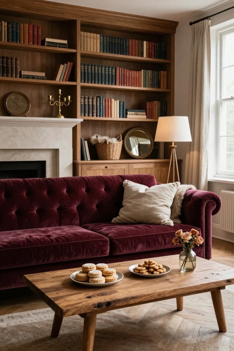 Corner of a living room with tall wooden bookshelves filled with books, deep burgundy tufted velvet sofa with pillows, rustic wooden coffee table holding plates of cookies and a vase of roses, marble fireplace, tripod floor lamp, and window with curtains.
