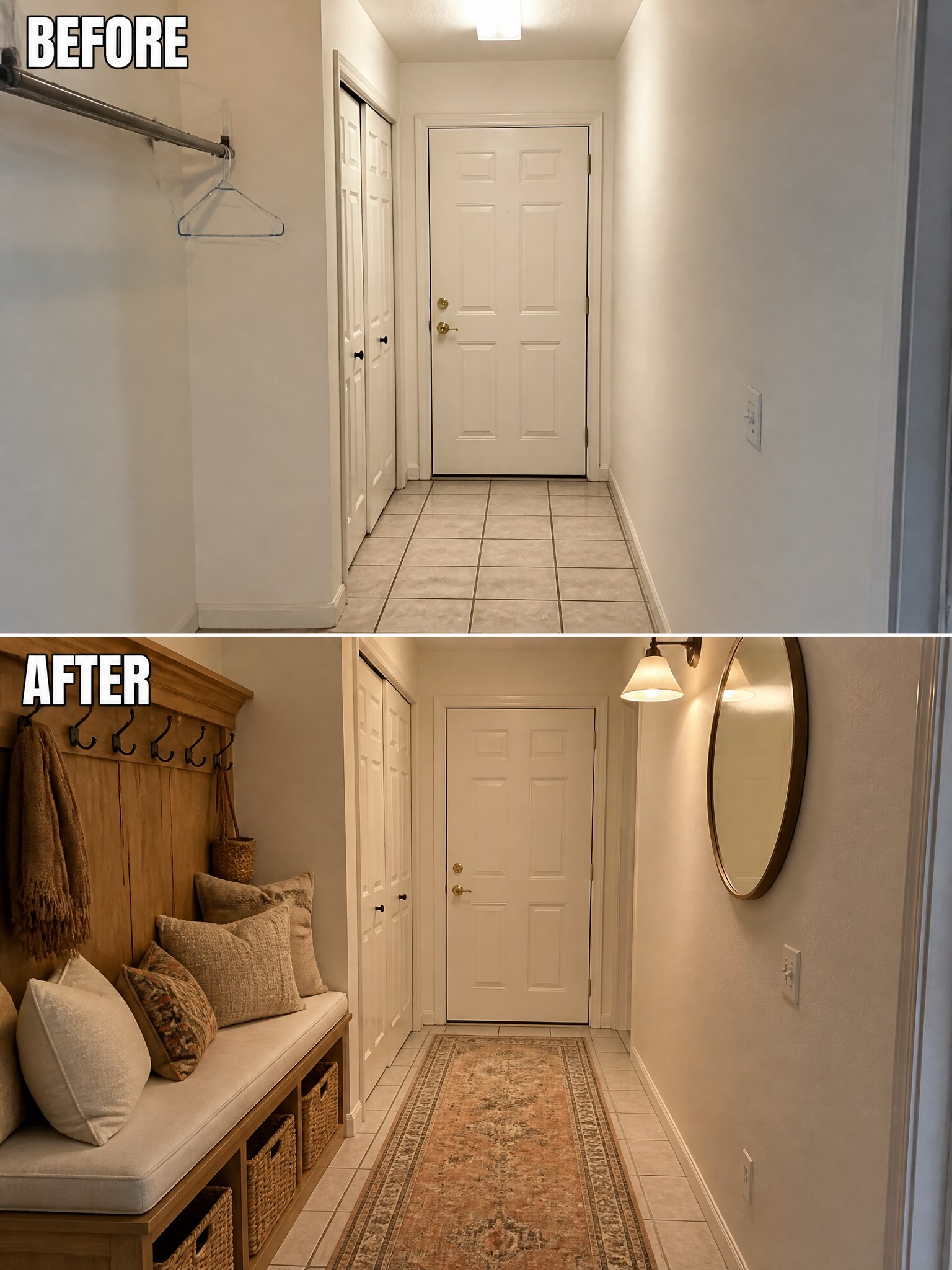 Transformed hallway featuring a wooden bench, decorative pillows, hooks, rug, and new lighting.