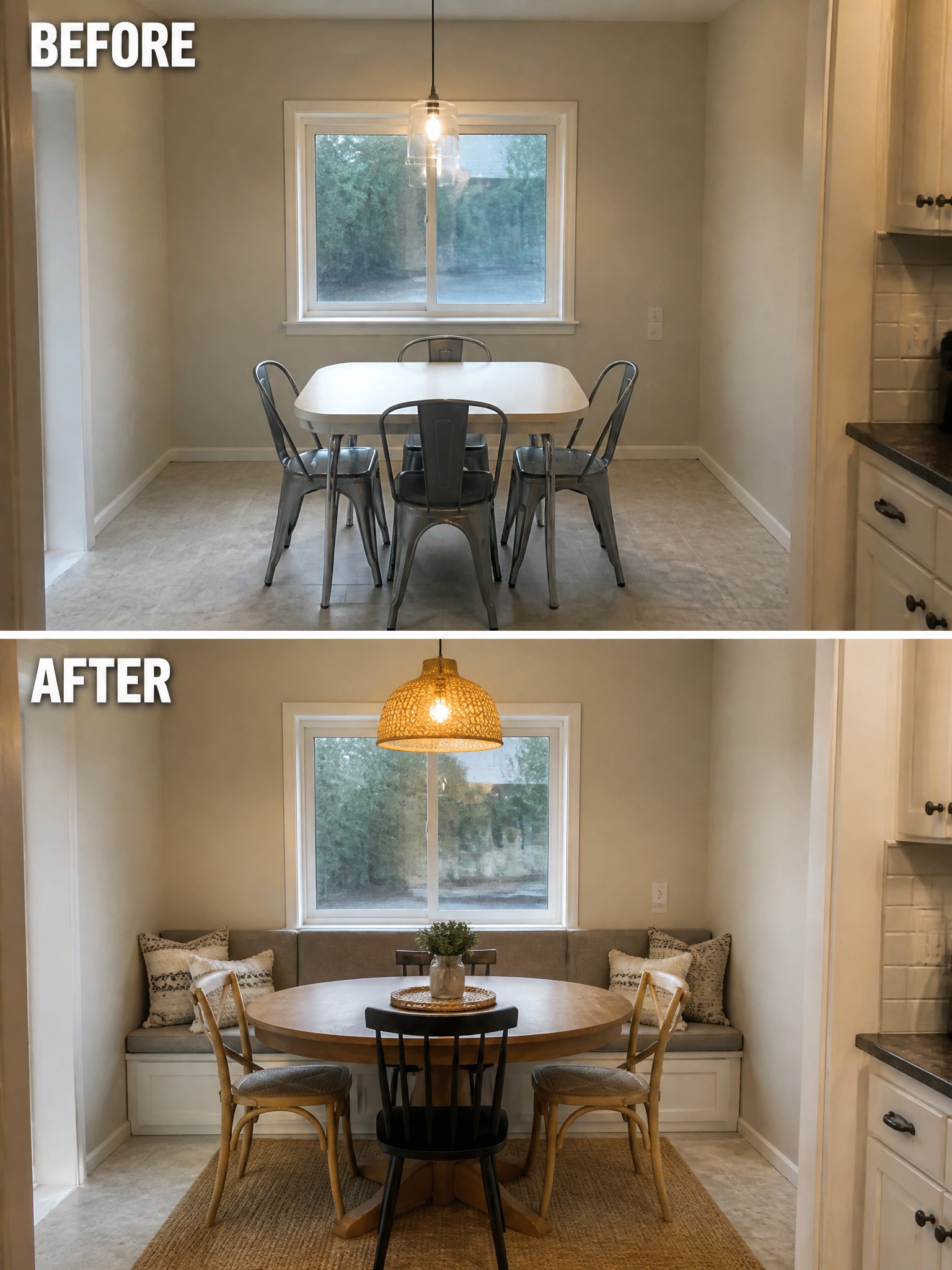 Transformed dining area with round table, seating nook, and pendant light.