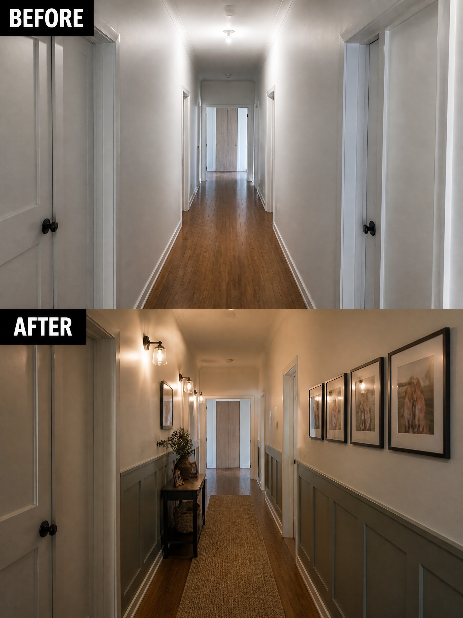 A hallway transformation from plain white walls to stylish paneled walls and decorative lighting.