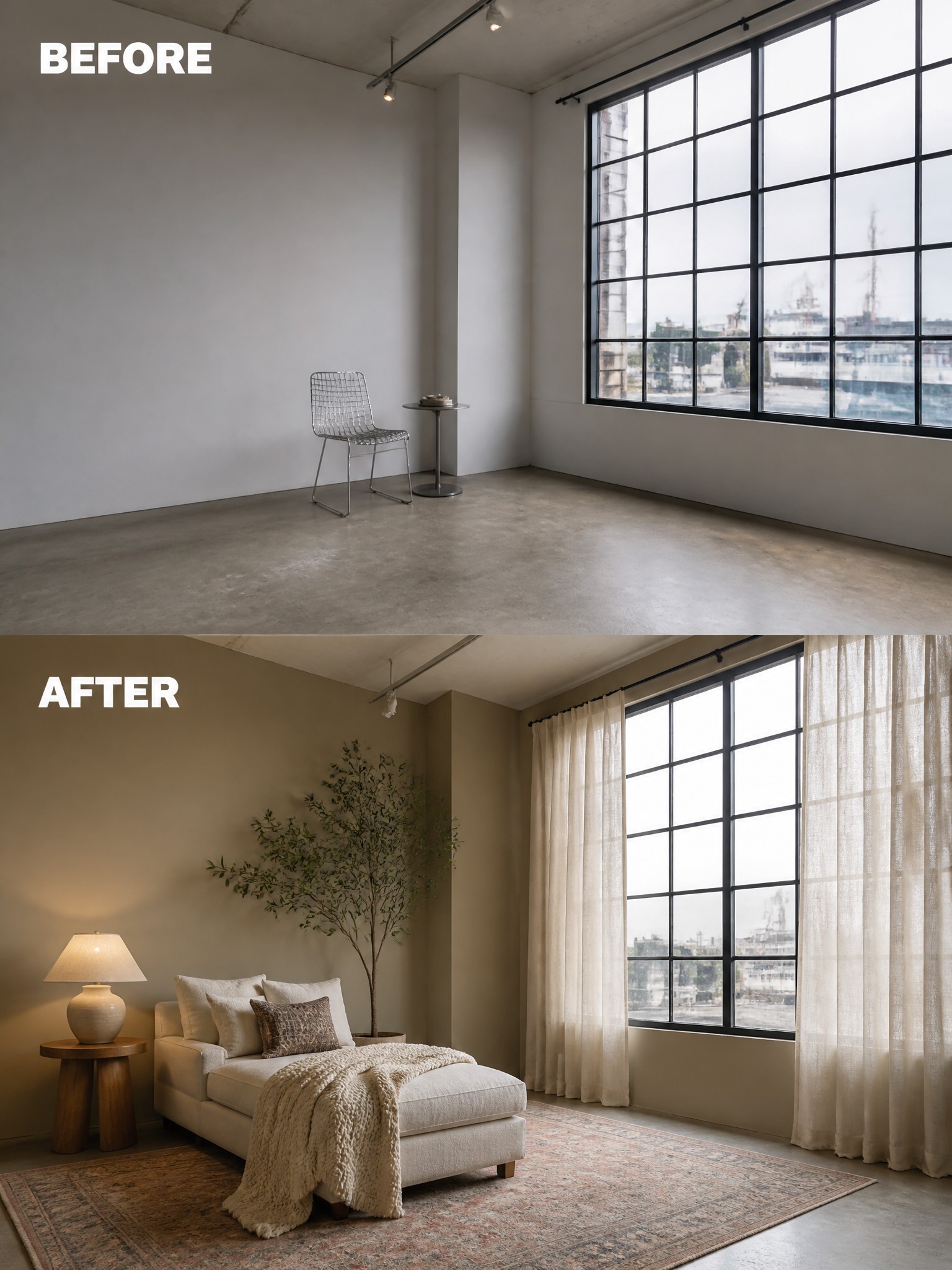 Before-and-after image of an empty room with concrete floors transformed into a furnished living space with a rug, curtains, sofa, and lamp.