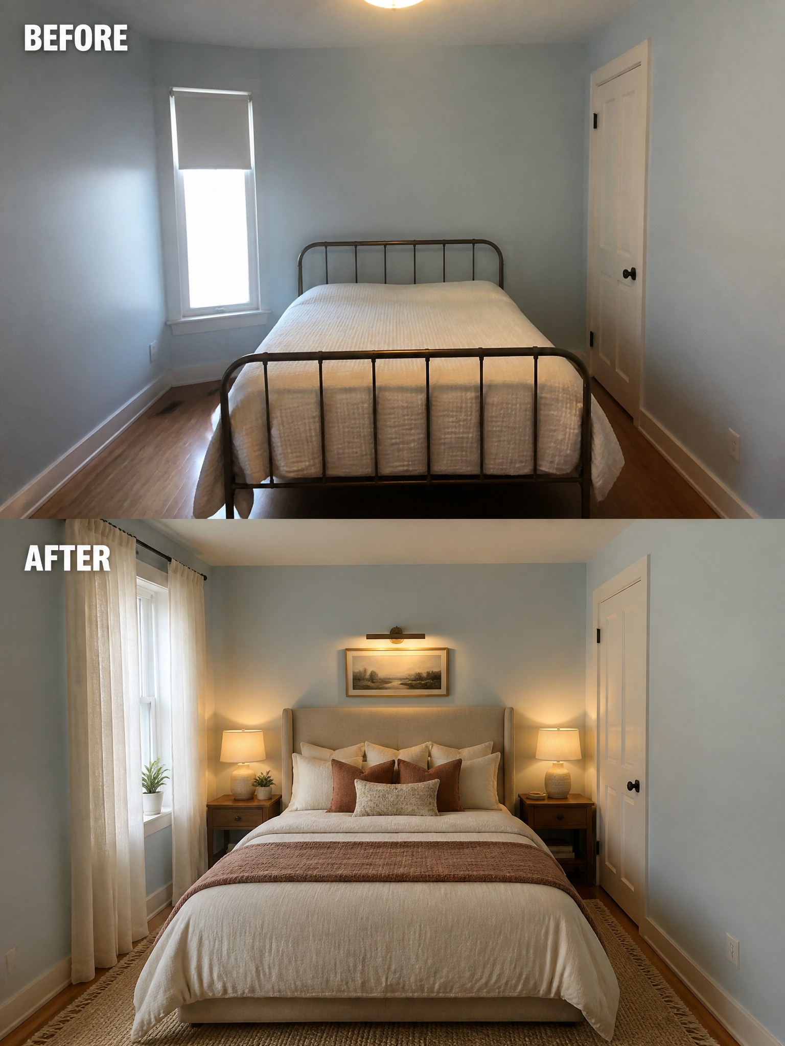 Before: simple room with a metal bed; After: stylish, cozy bedroom with layered bedding and decor.
