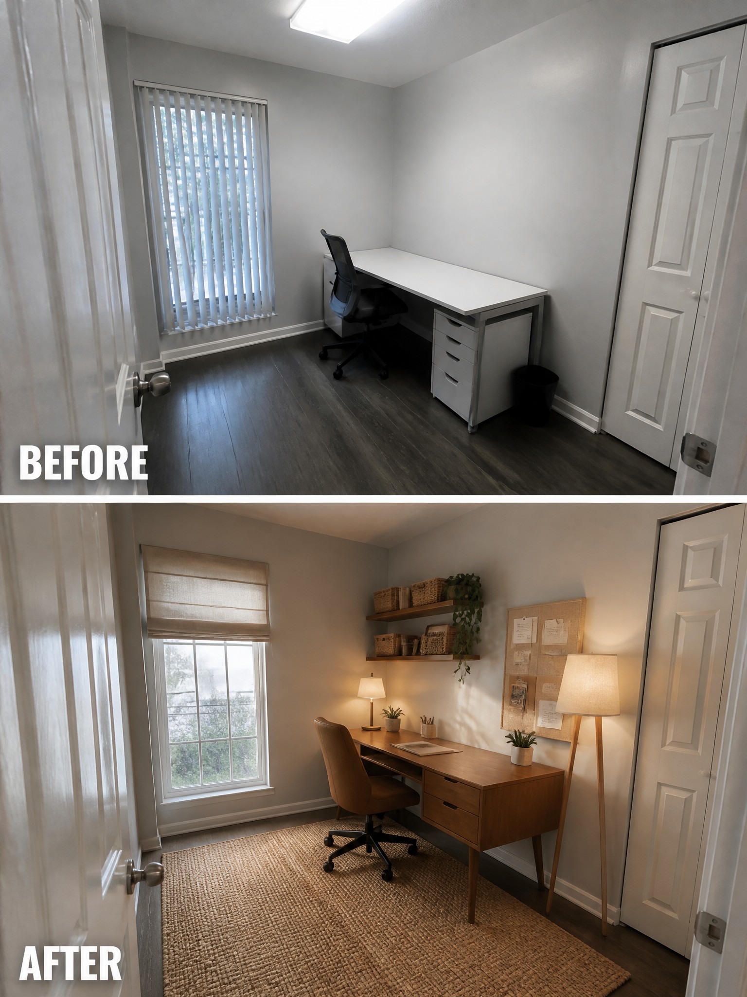 Before-and-after transformation of a home office, featuring stylish furniture and warm lighting.