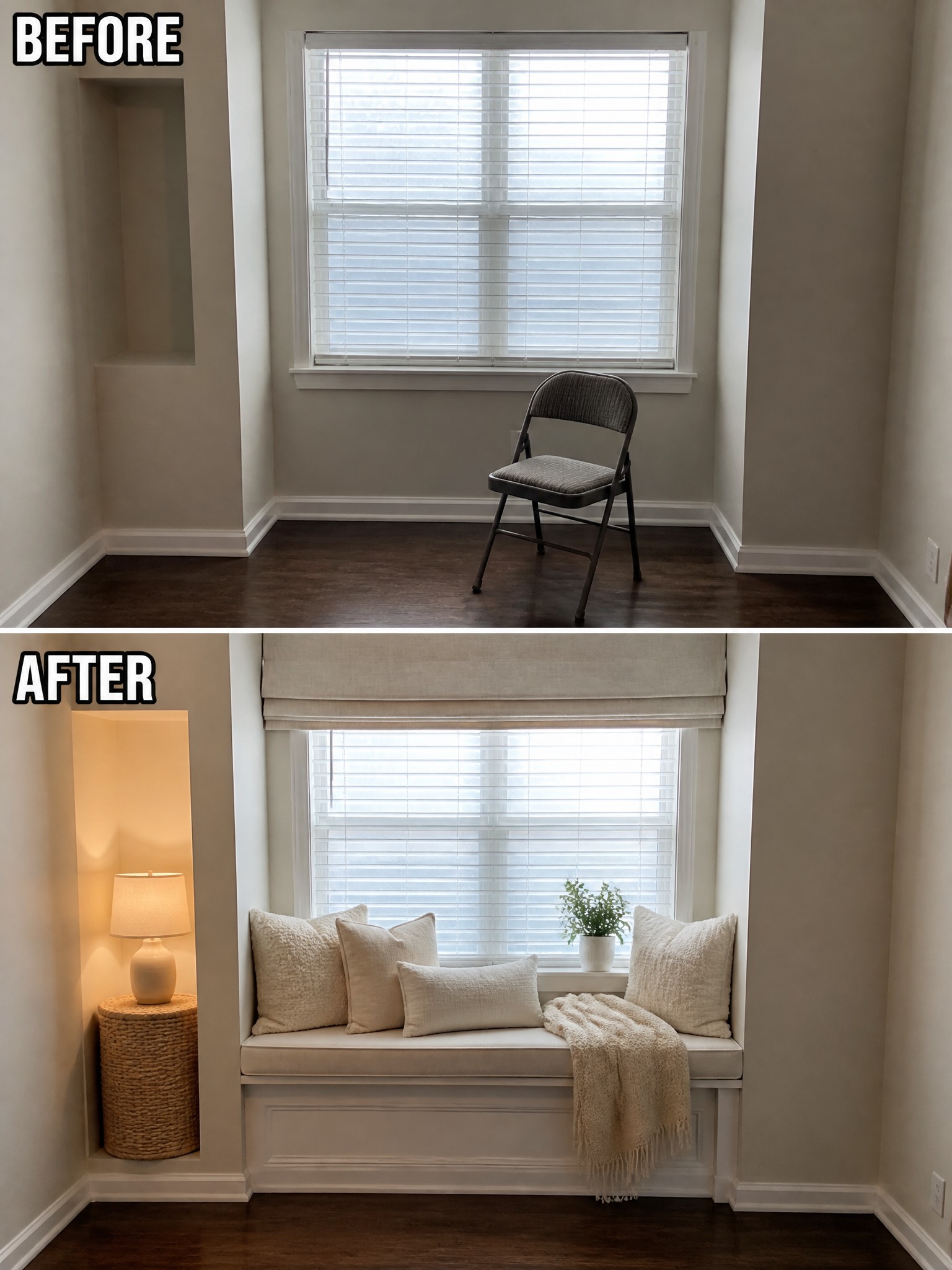Empty corner with a chair transformed into a cozy nook with cushions and lamp.