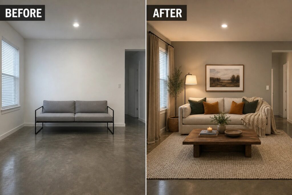Living room transformation: minimalistic couch to a cozy, styled space with plants, art, and warm lighting.