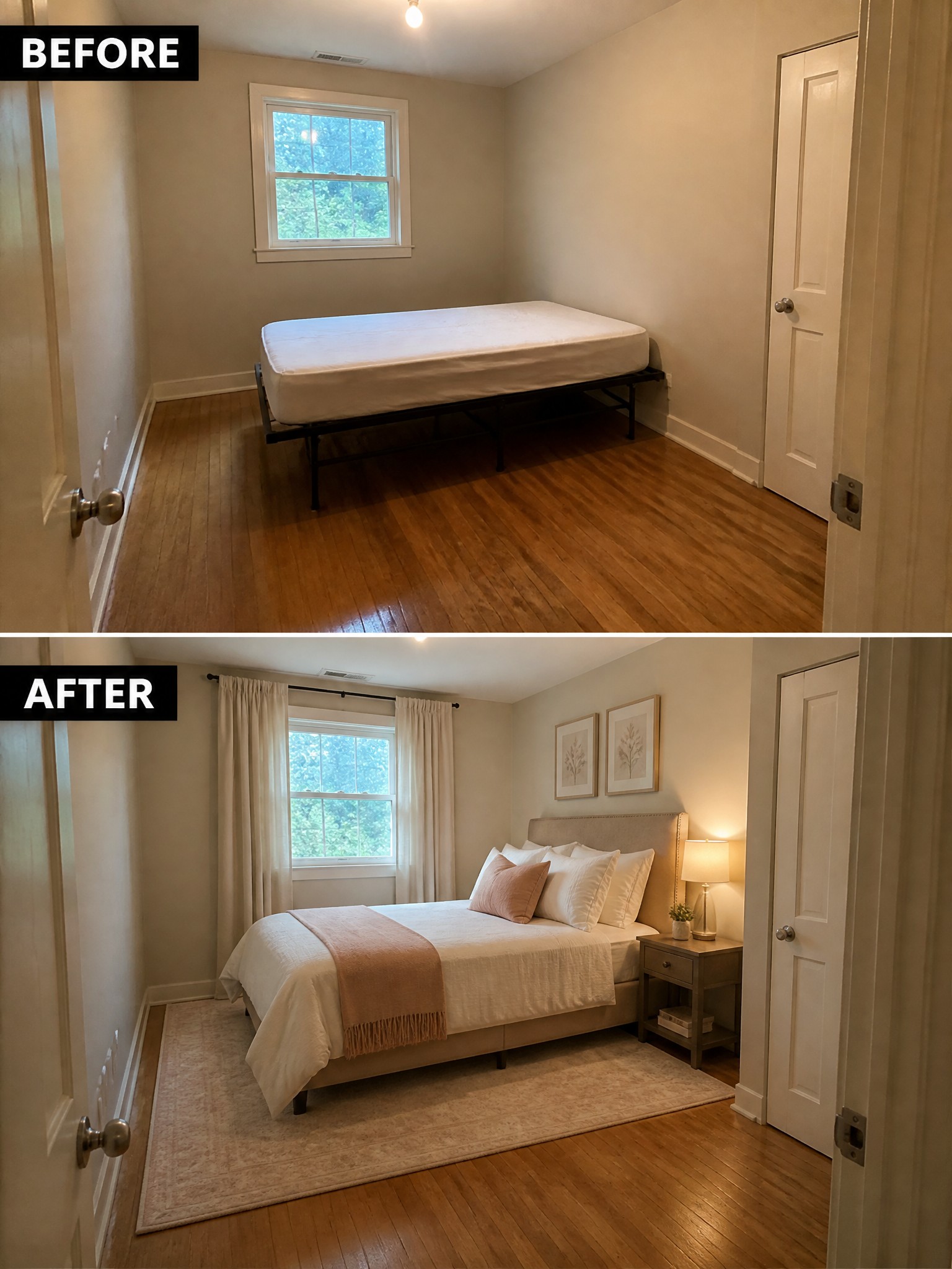 Before-and-after image of a sparse bedroom transformed with a rug, curtains, layered bedding, and nightstand accessories.