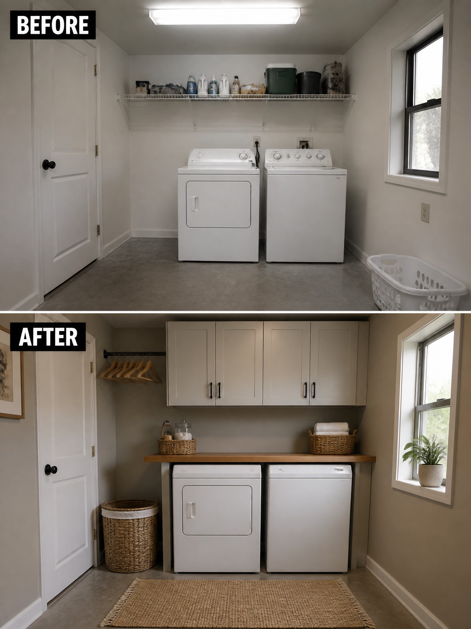 Before and after of a laundry room, featuring organized cabinets, a wooden counter, and baskets.