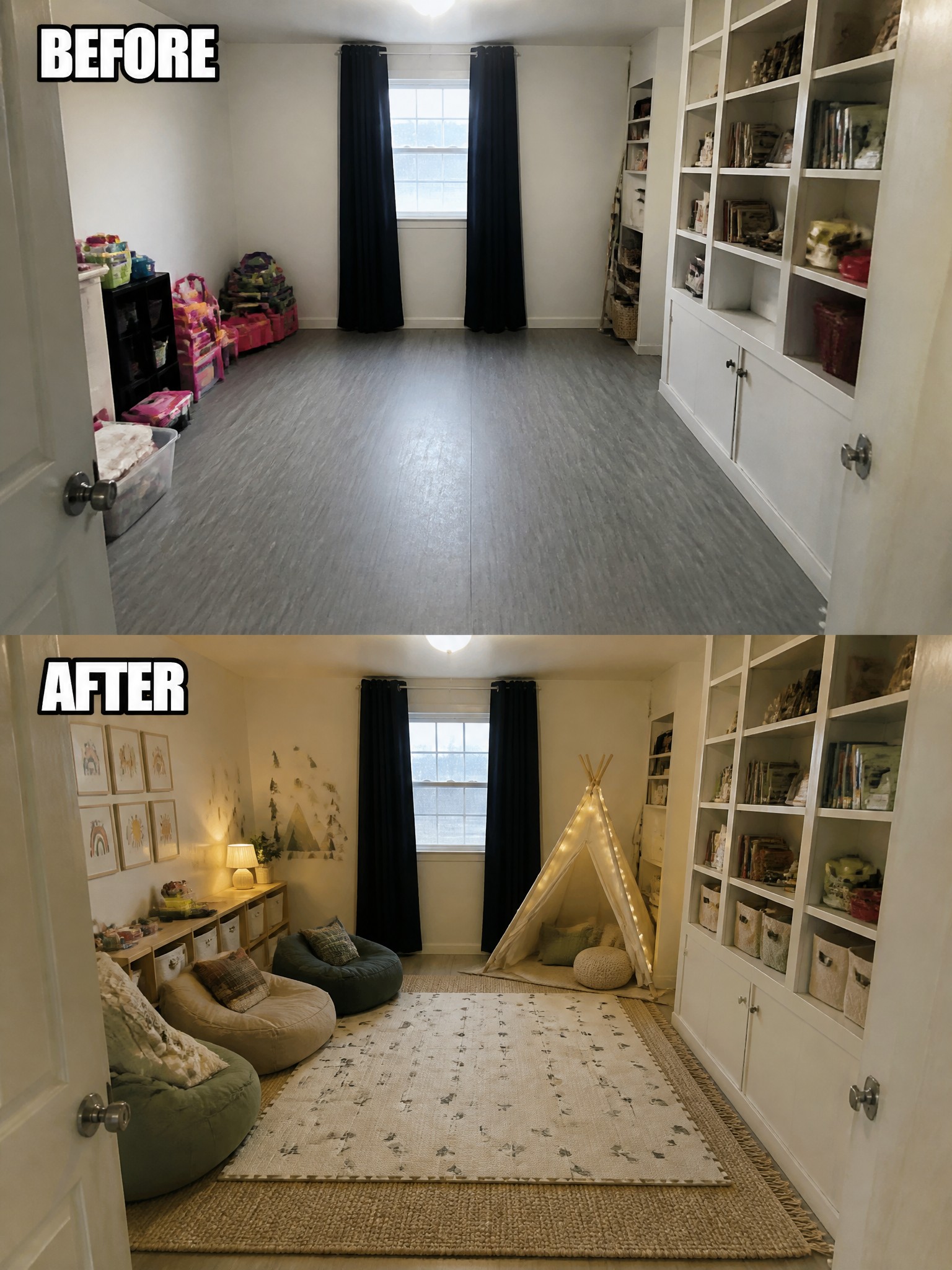 Before-and-after image of an empty room transformed into a cozy space with a large rug, bean bag chairs, and added wall decor.