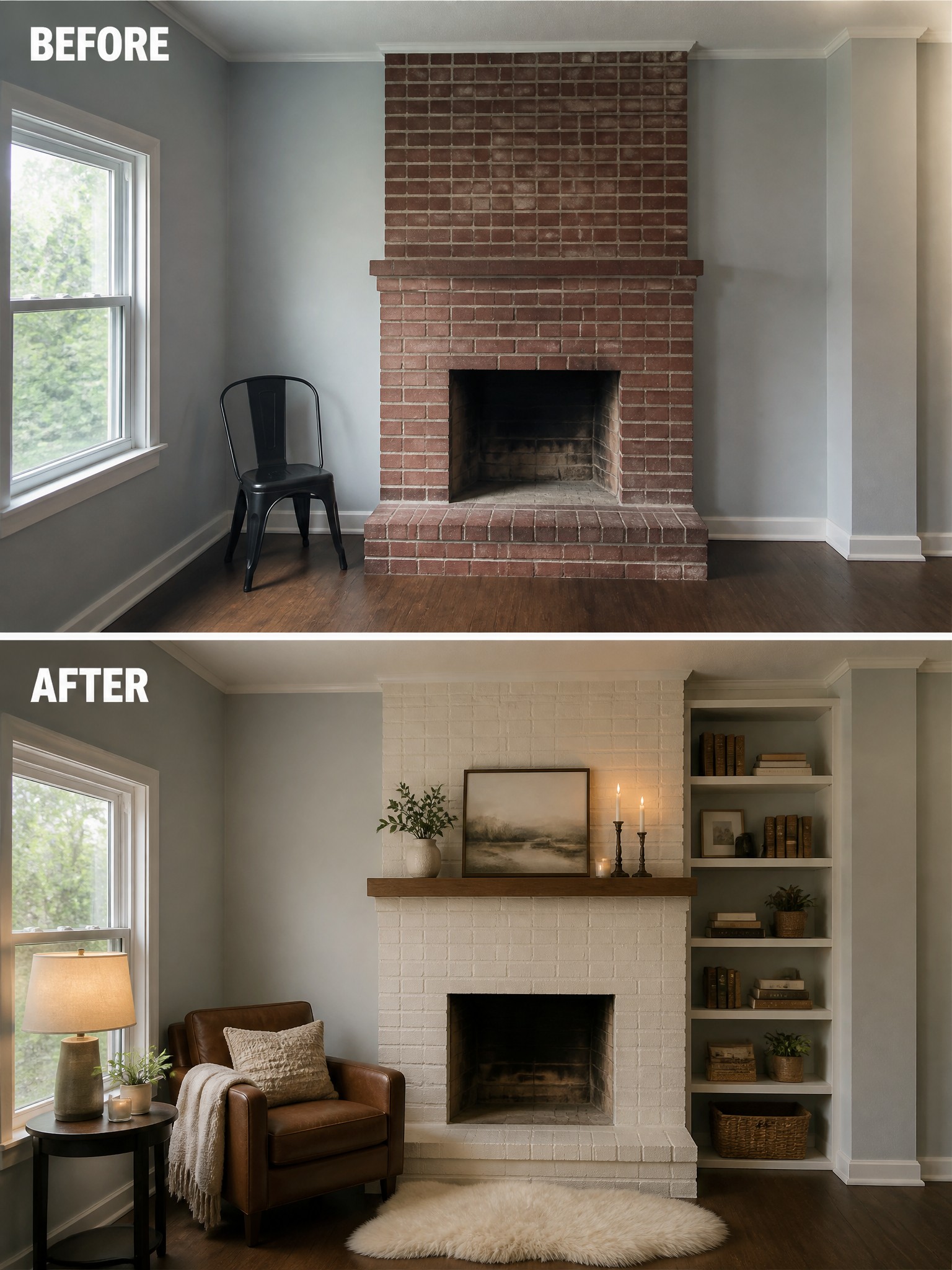 Before and after living room transformation, featuring a painted white brick fireplace and cozy seating.