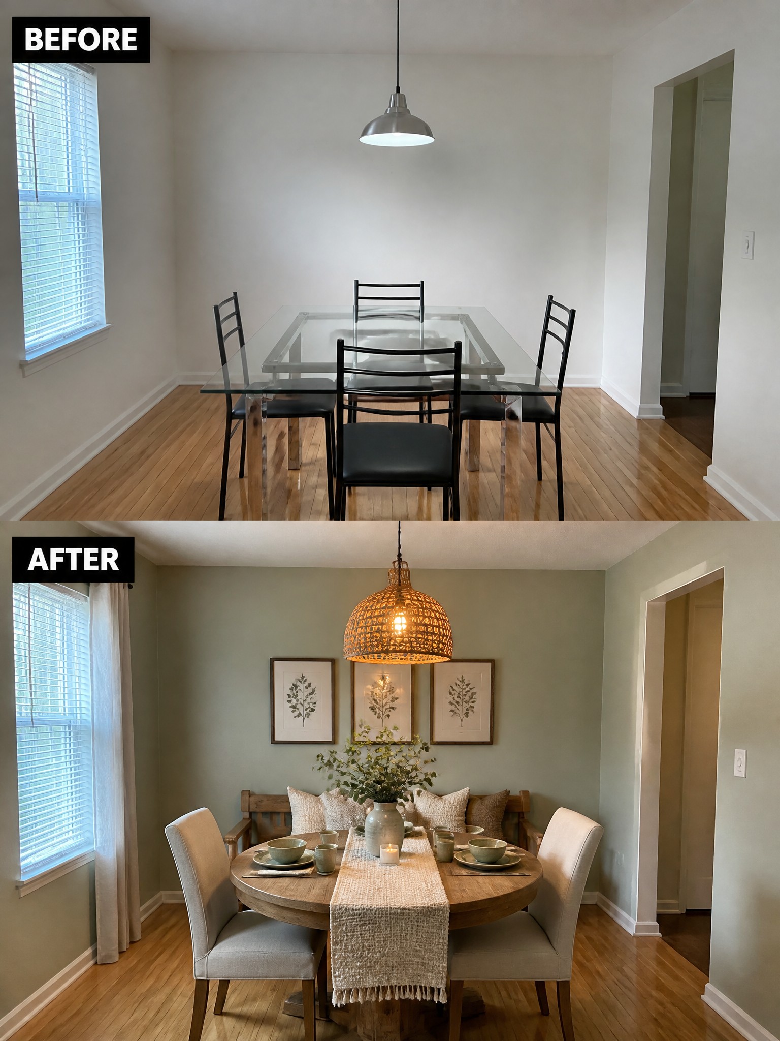 Before and after of a dining room transformation with modern decor and earthy tones.