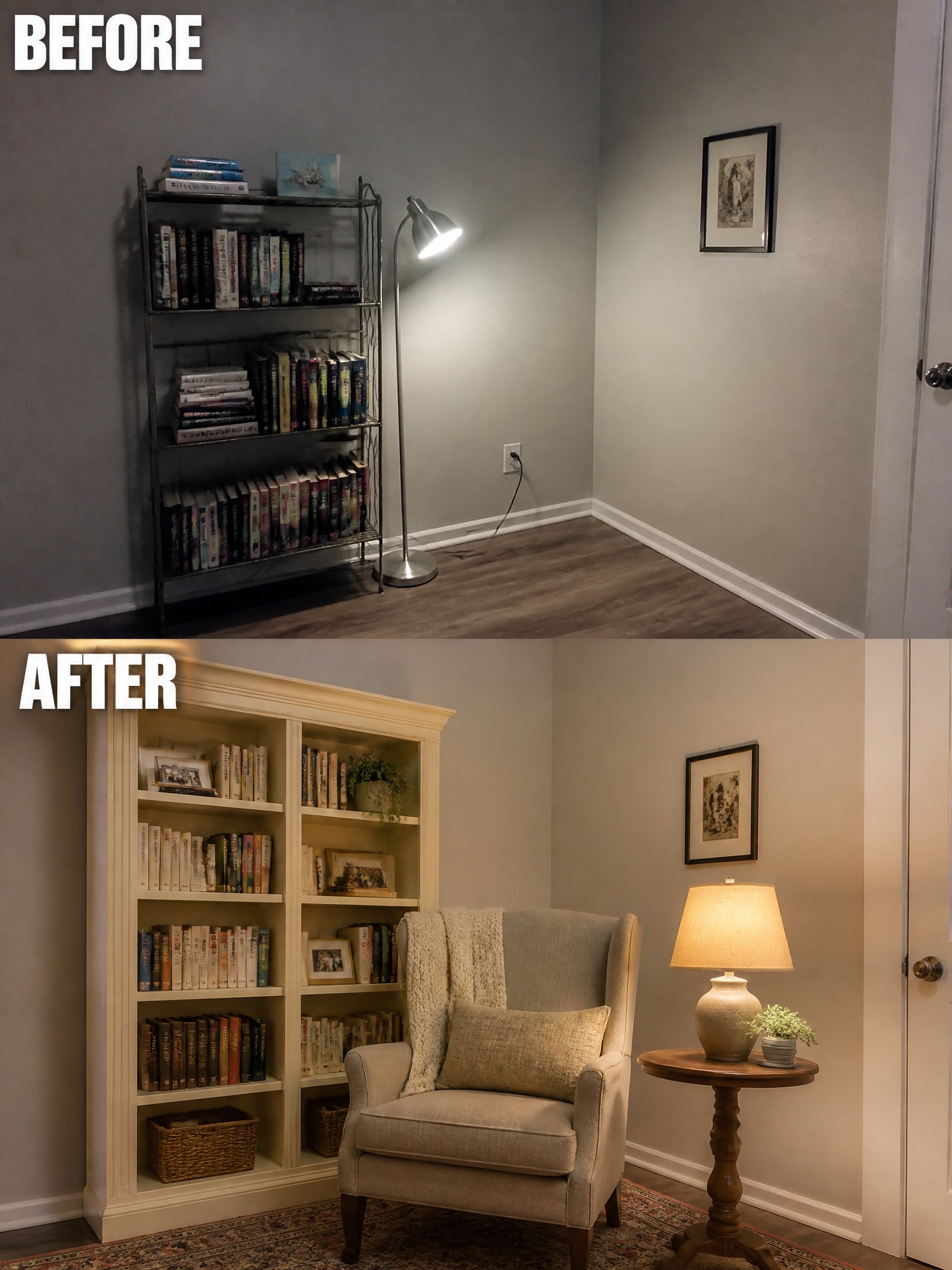 Before-and-after image of a plain room corner changed from a metal bookshelf and floor lamp into a cozy reading nook with a cream bookshelf, armchair, side table, and rug.