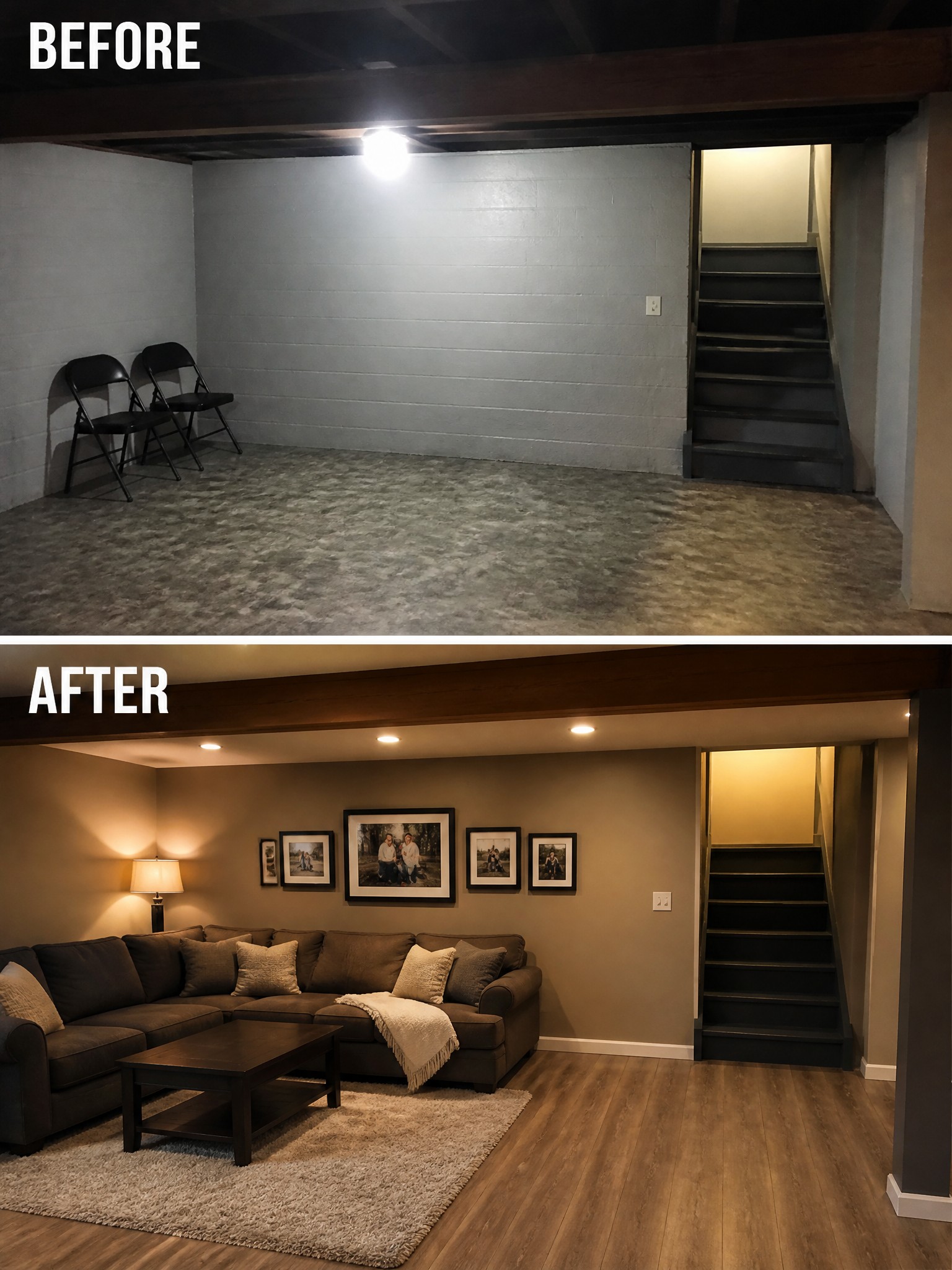 Before-and-after image of a bare basement room transformed into a furnished living space with a sectional sofa, coffee table, area rug, and multiple warm light sources.