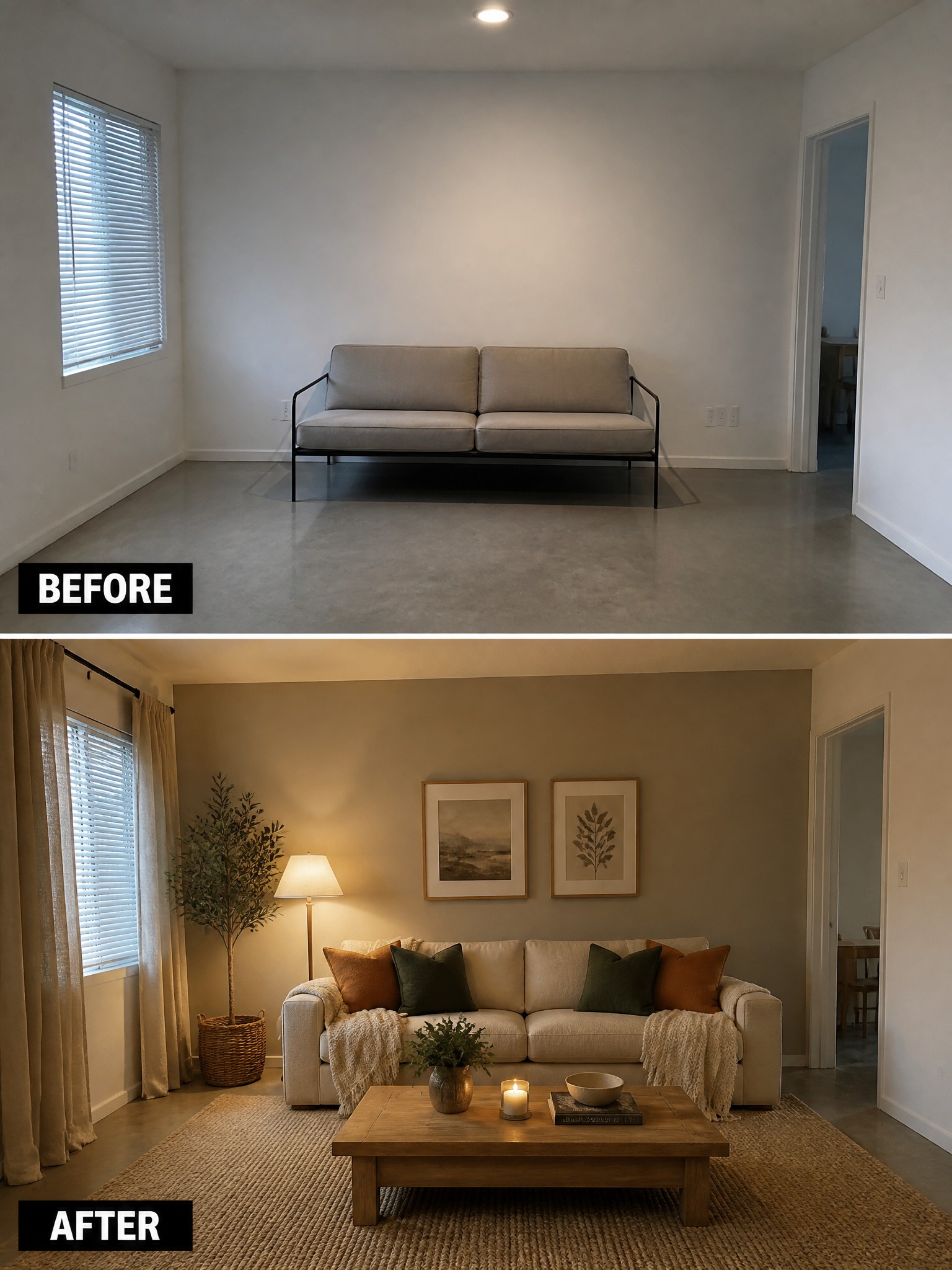 Living room transformation: minimalistic couch to a cozy, styled space with plants, art, and warm lighting.