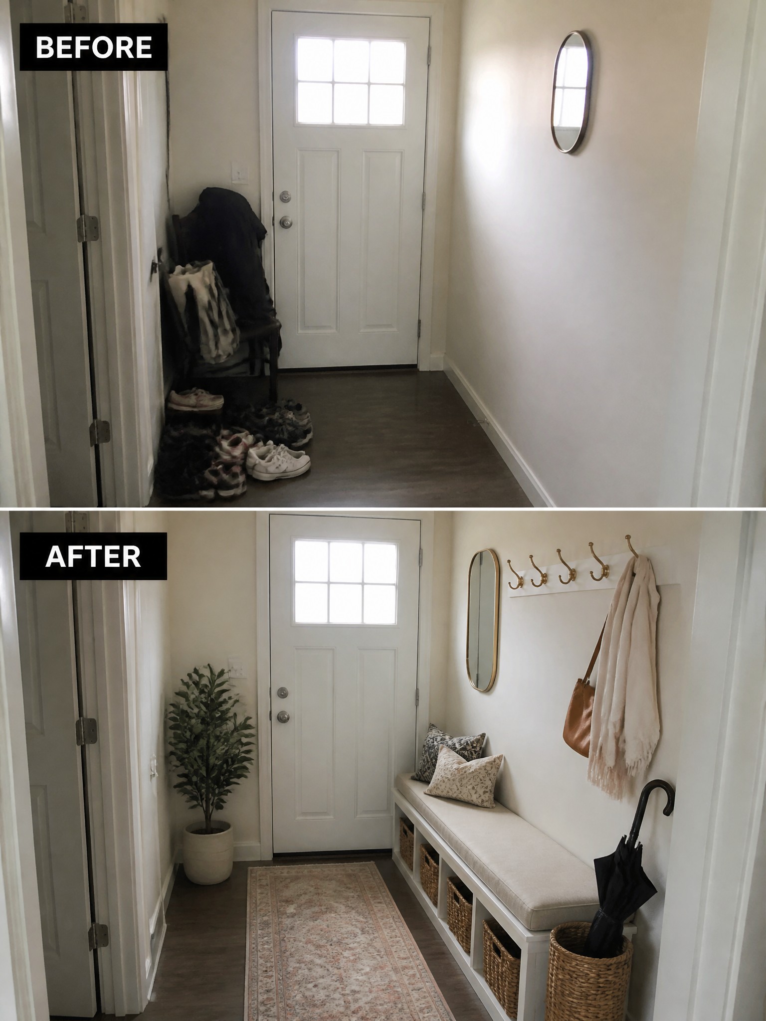 Before and after transformation of a hallway featuring organized storage and decor.