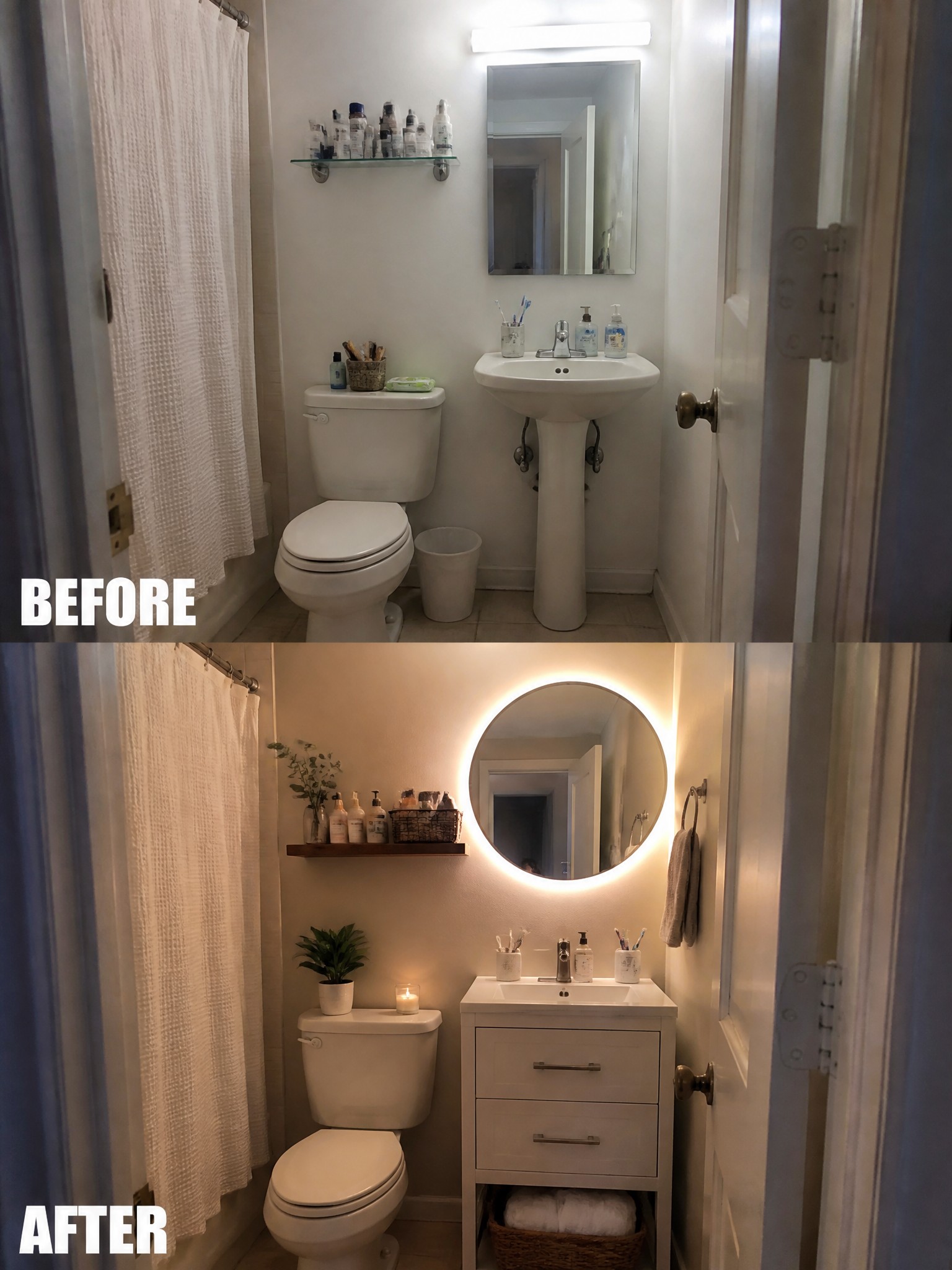 Before-and-after image of a small bathroom with a pedestal sink changed to include a white vanity, round backlit mirror, and added storage.