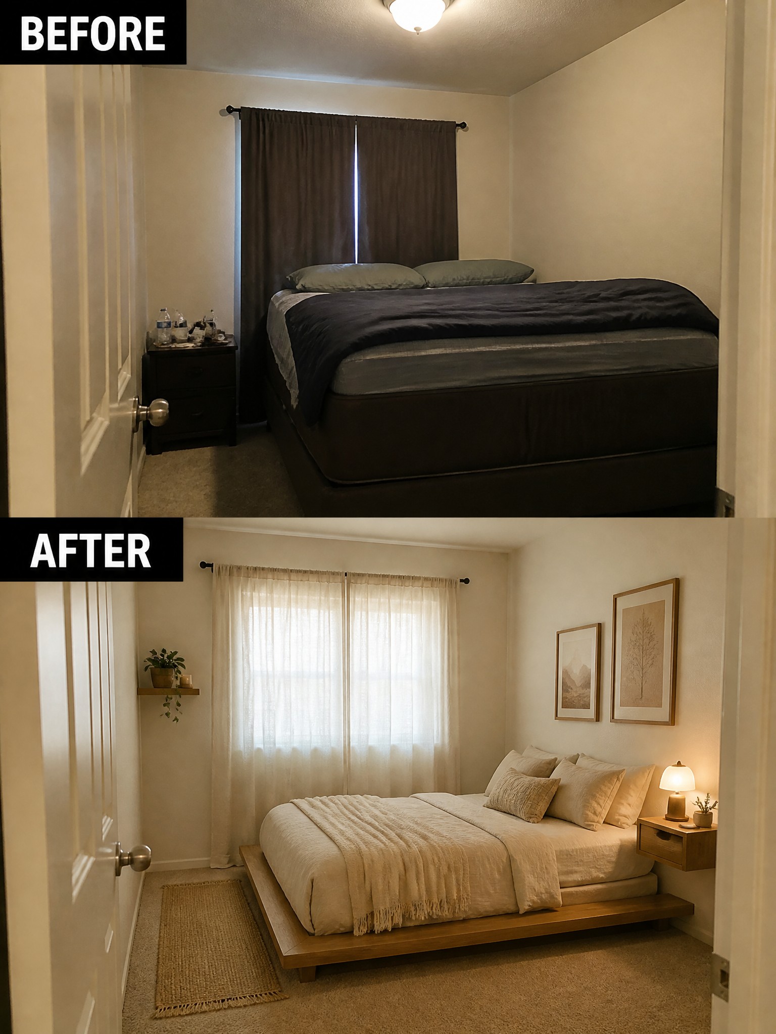 Before and after views of a transformed bedroom, featuring neutral tones and minimalist decor.