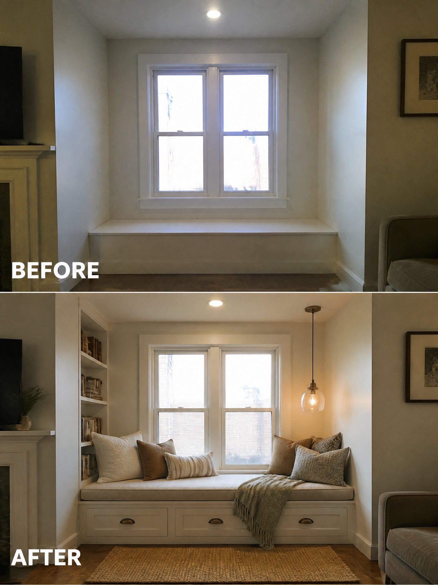 Before and after of a window nook transformed with cushions, storage, and a pendant light.