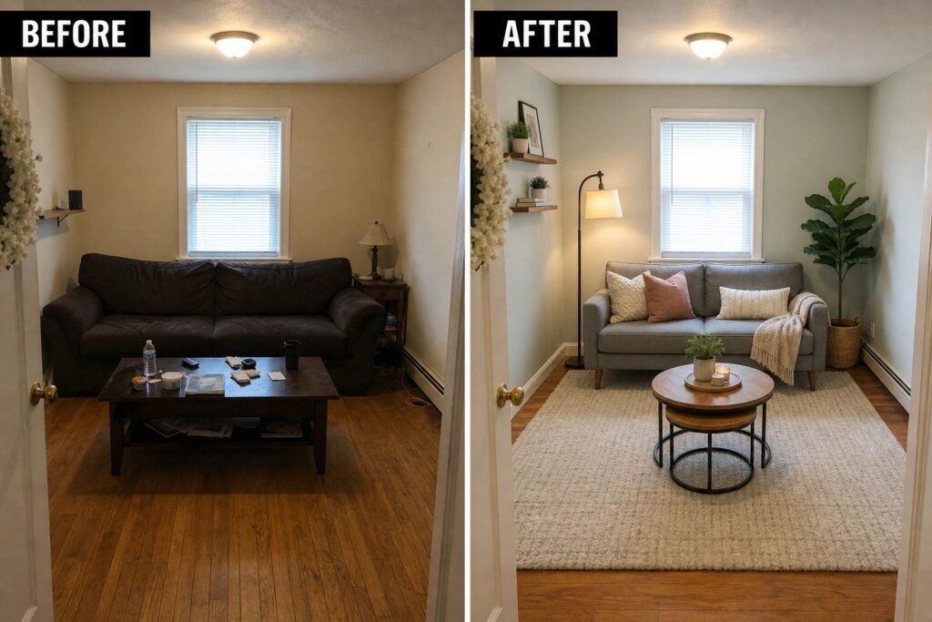 20 Cozy Small Room Makeover Ideas That Feel Comfortable, Not Crowded Living room transformation: cozy gray sofa, decorative cushions, wooden shelves, plant, and warm lighting.