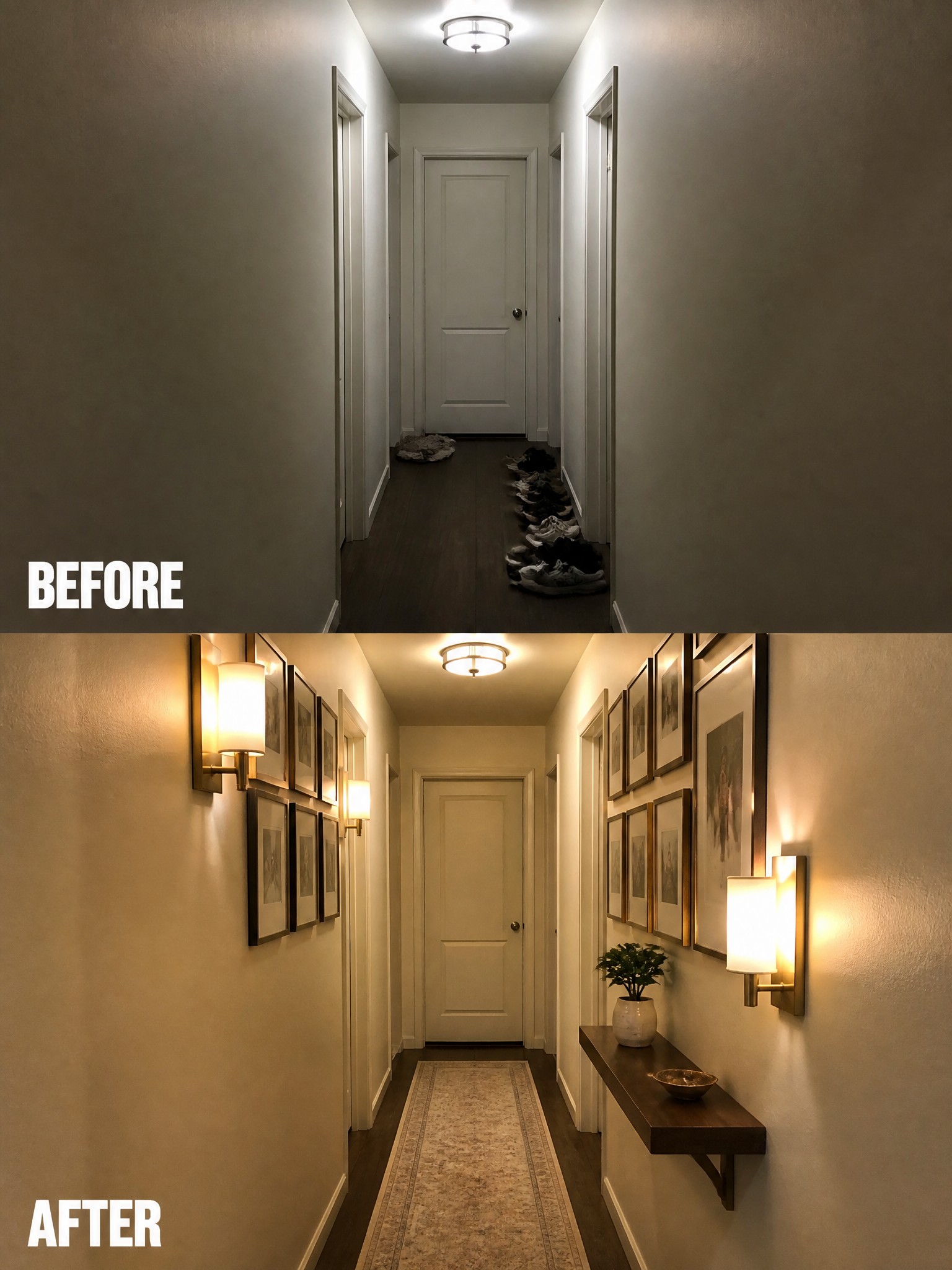 A hallway showing a transformation from dark to bright, with artwork and plants.