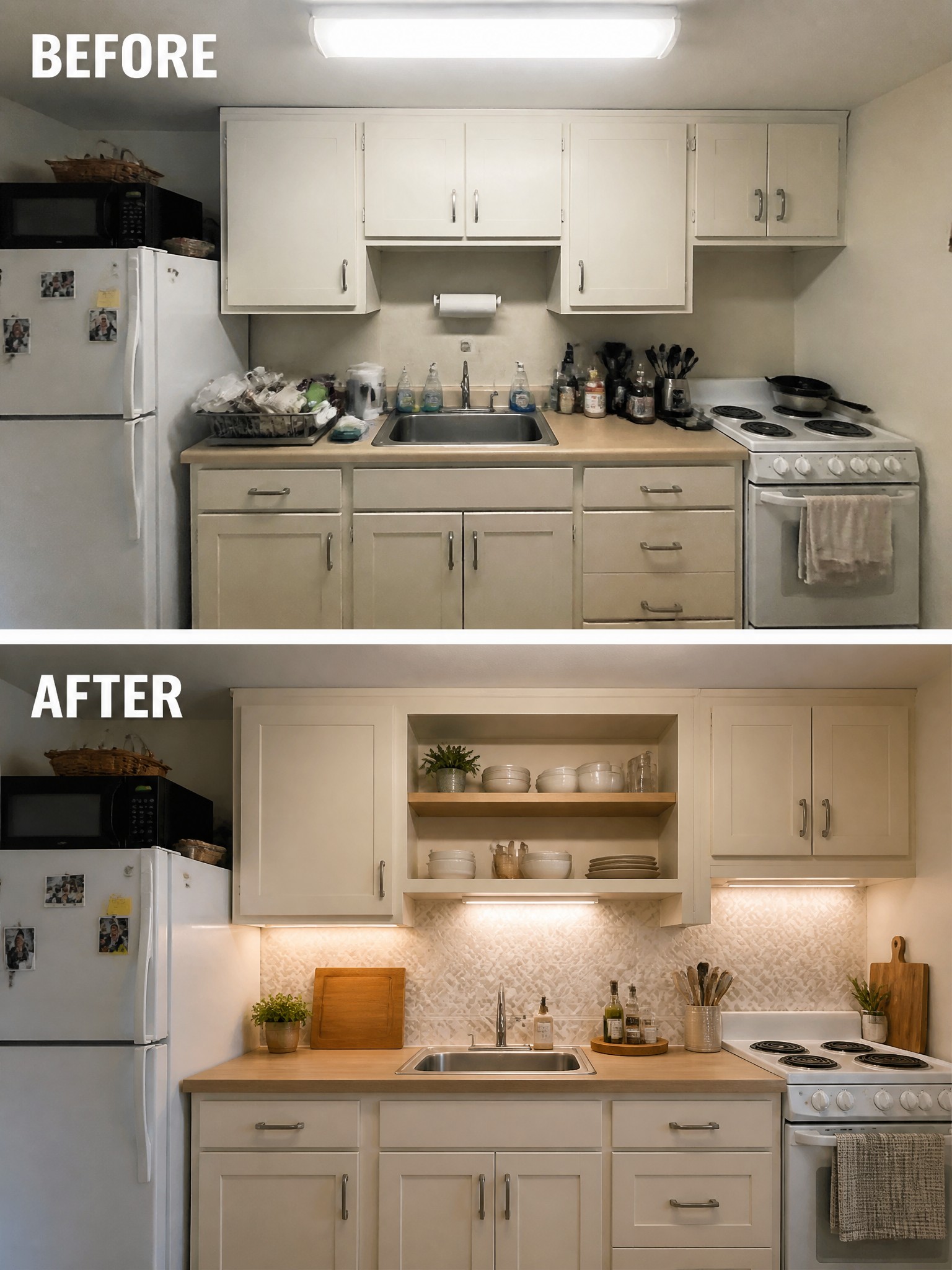 Before-and-after image of a kitchen showing closed upper cabinets above the sink replaced with open shelving and added under-cabinet lighting.