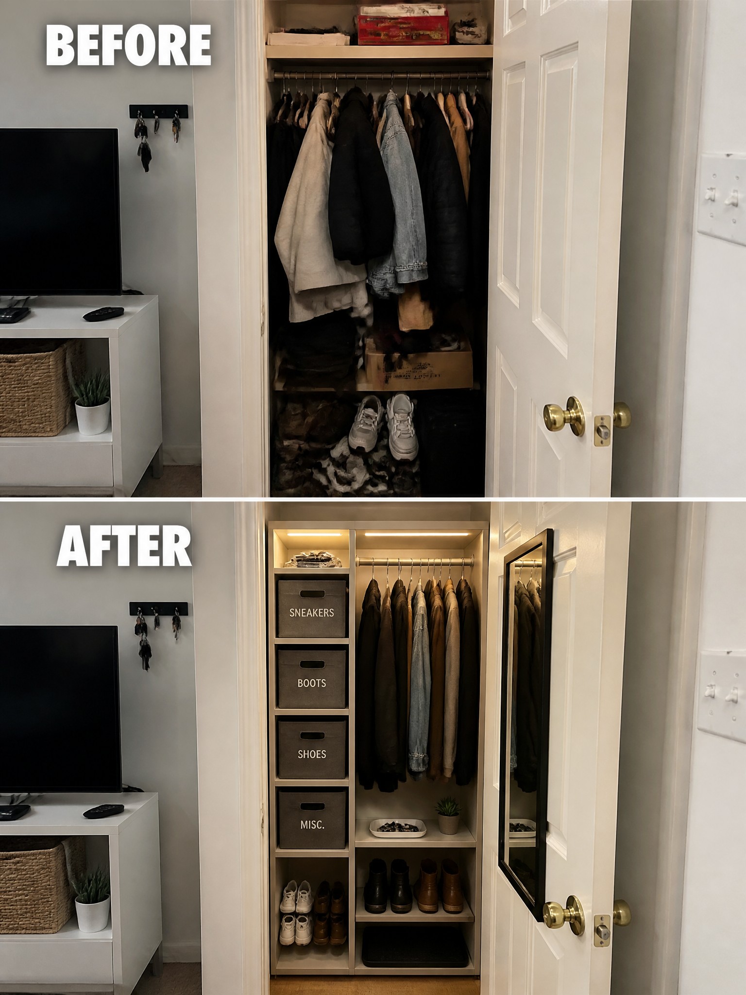 Before and after closet organization featuring neatly arranged clothing and storage bins.