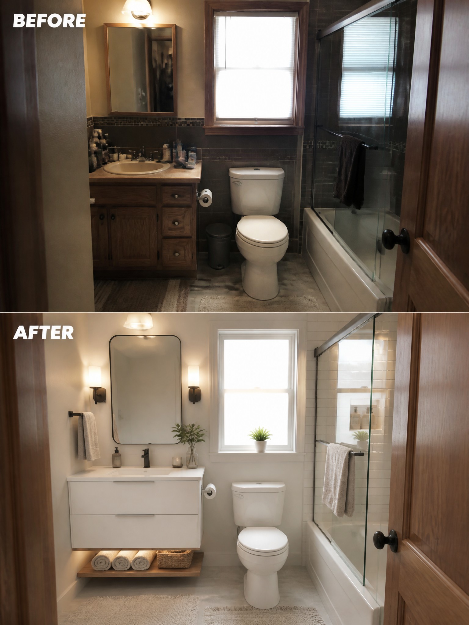 Before-and-after image of a small bathroom changed from dark tiles and a cluttered vanity to a bright white floating vanity, light walls, and clean fixtures.