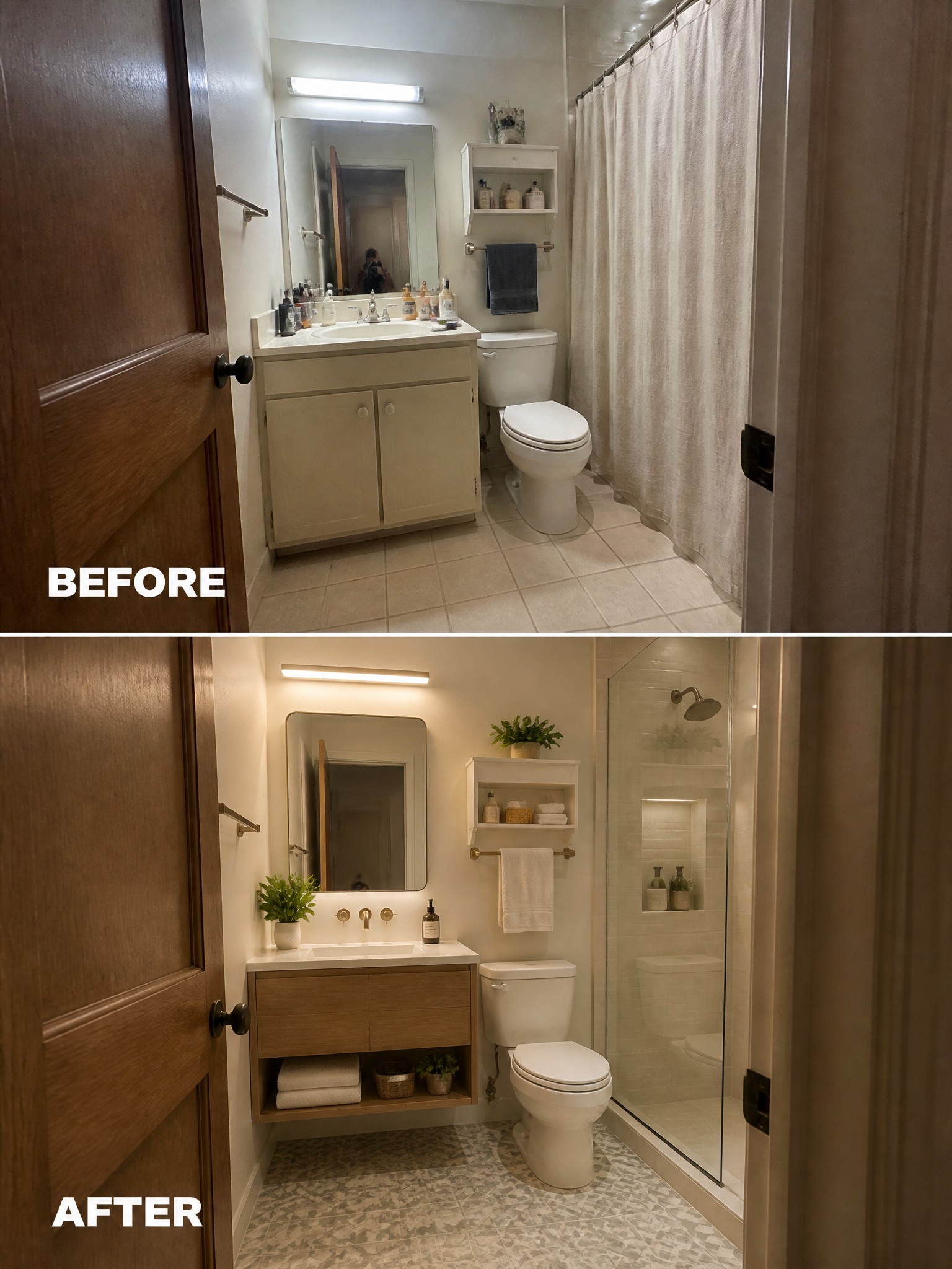 Before-and-after image of a small bathroom with the shower curtain replaced by a glass door, along with an updated vanity and new floor tiles.