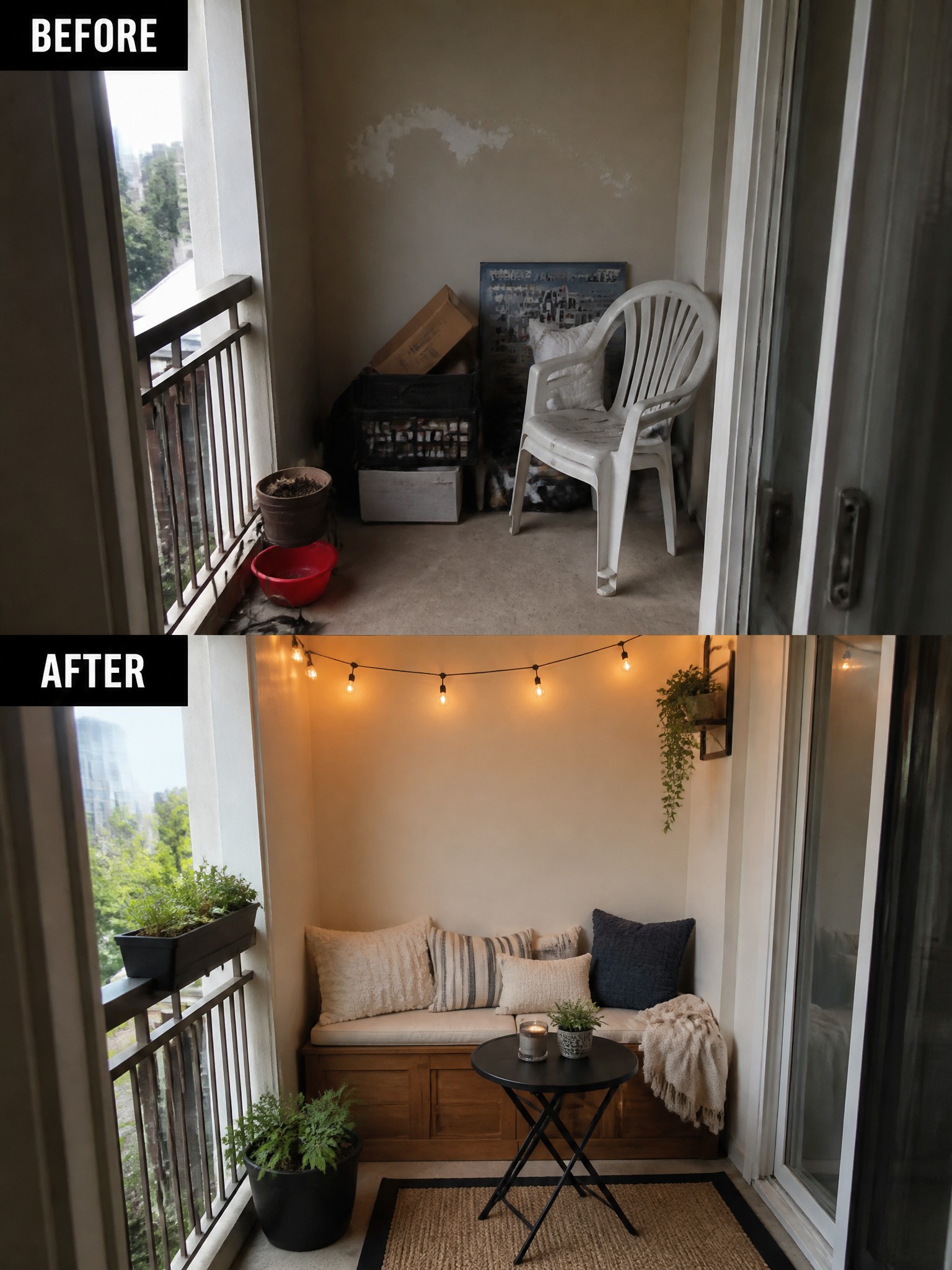 Before-and-after balcony transformation: cluttered space converted into a cozy seating area with plants.