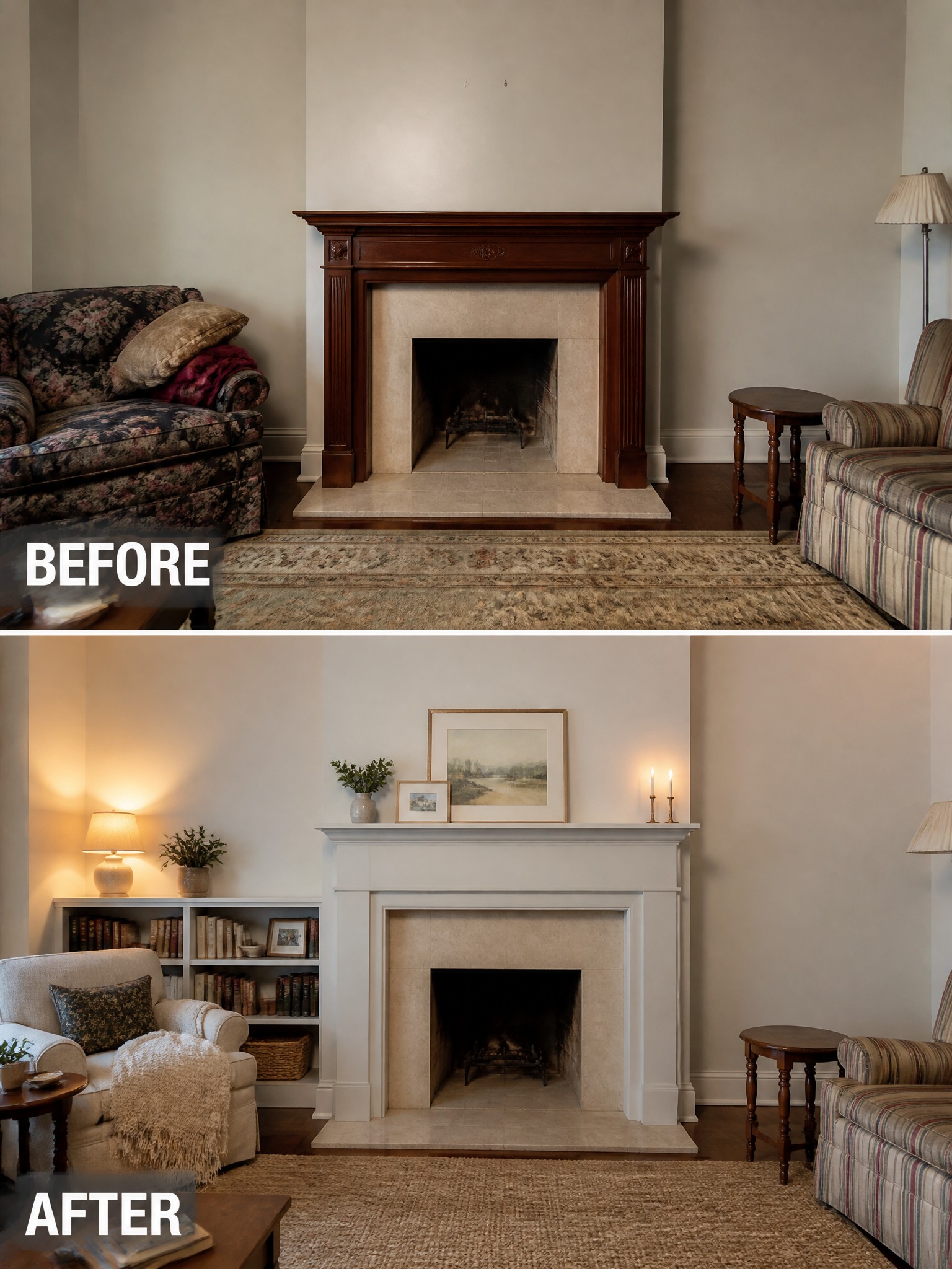 A living room transformation with a modern fireplace, cozy seating, and warm lighting.