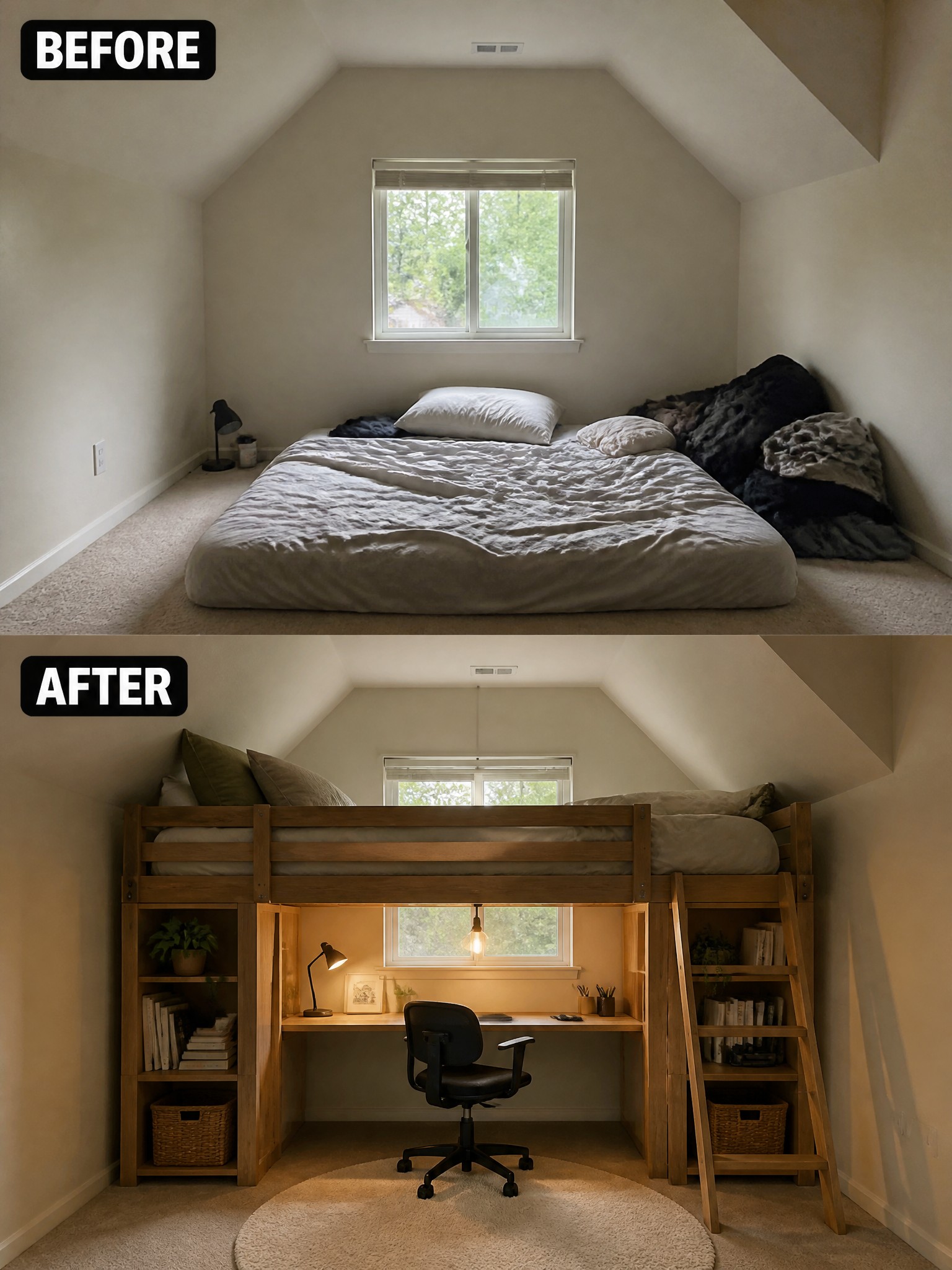 Before-and-after image of an attic bedroom showing a mattress on the floor changed into a wooden loft bed with a desk, chair, and built-in shelves underneath.