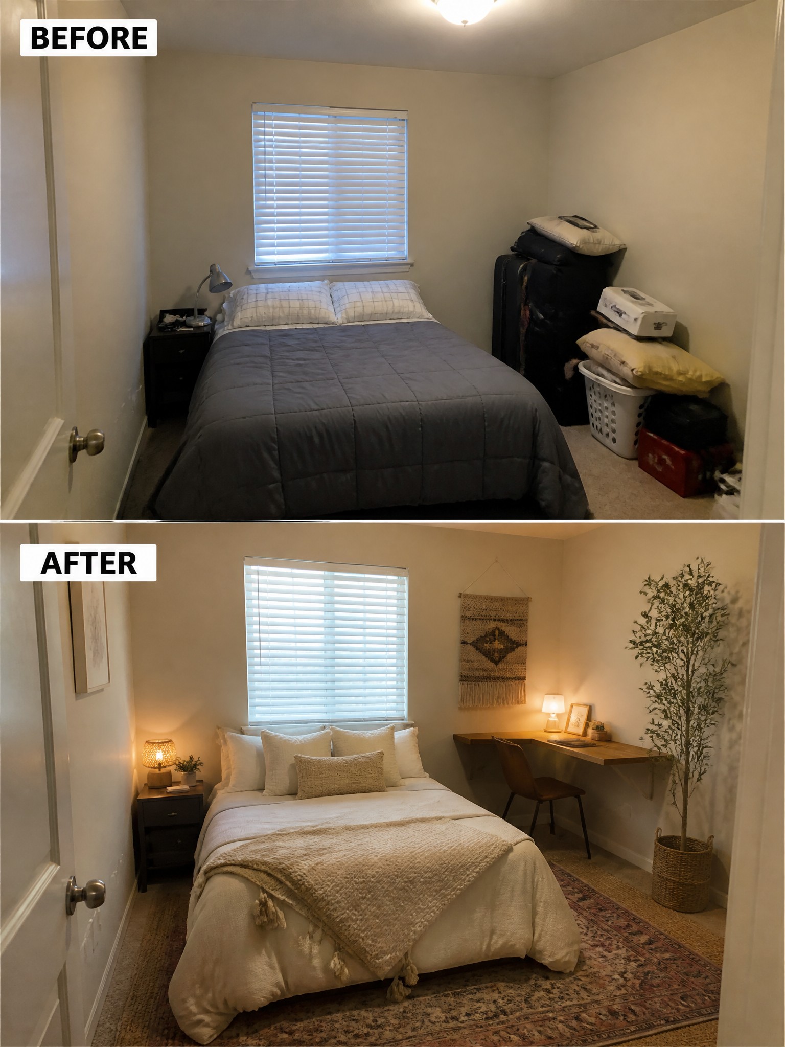 Before-and-after room transformation showing a cozy, stylish bedroom with neutral colors and decor.