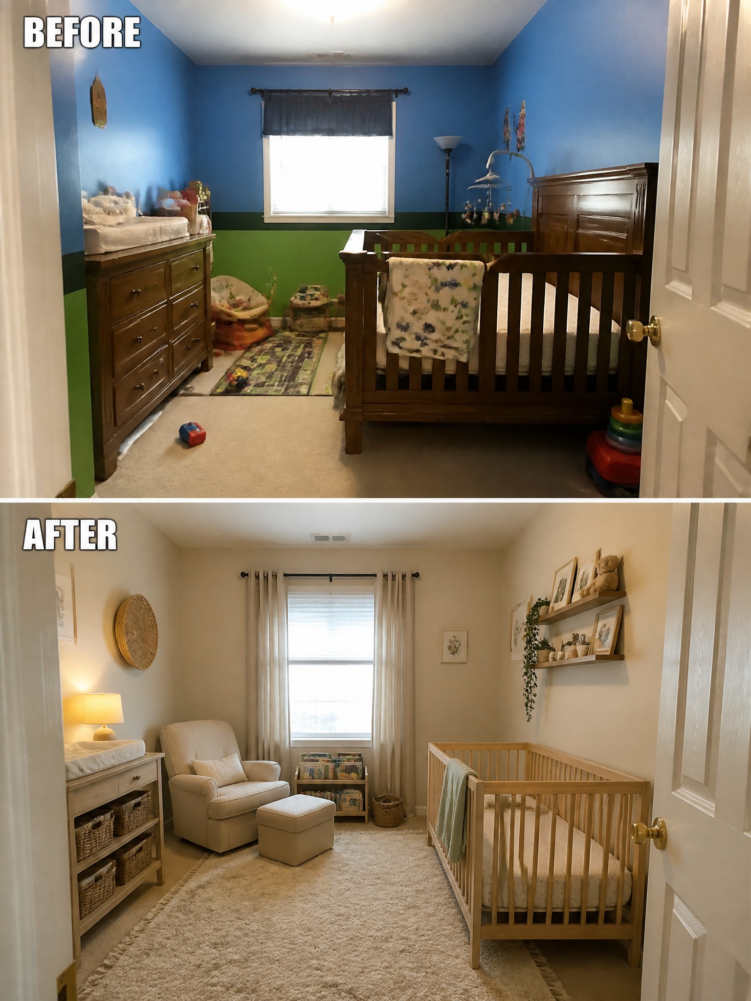 Before and after transformation of a nursery, featuring vibrant colors and updated decor.