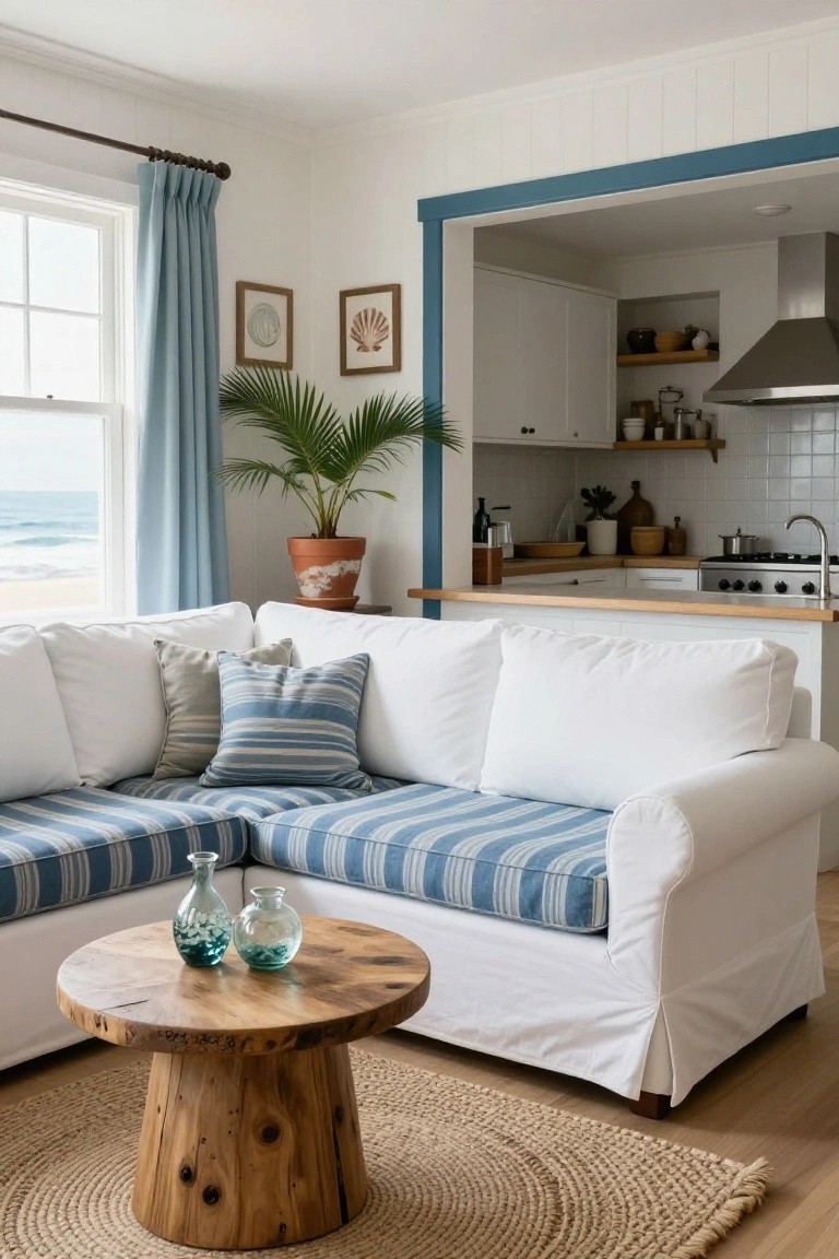 White L-shaped sofa with blue-and-white striped slipcover and cushions in a living room, round wooden coffee table with blue glass vases, potted palm plant near blue curtains at window showing ocean view, open kitchen in background.