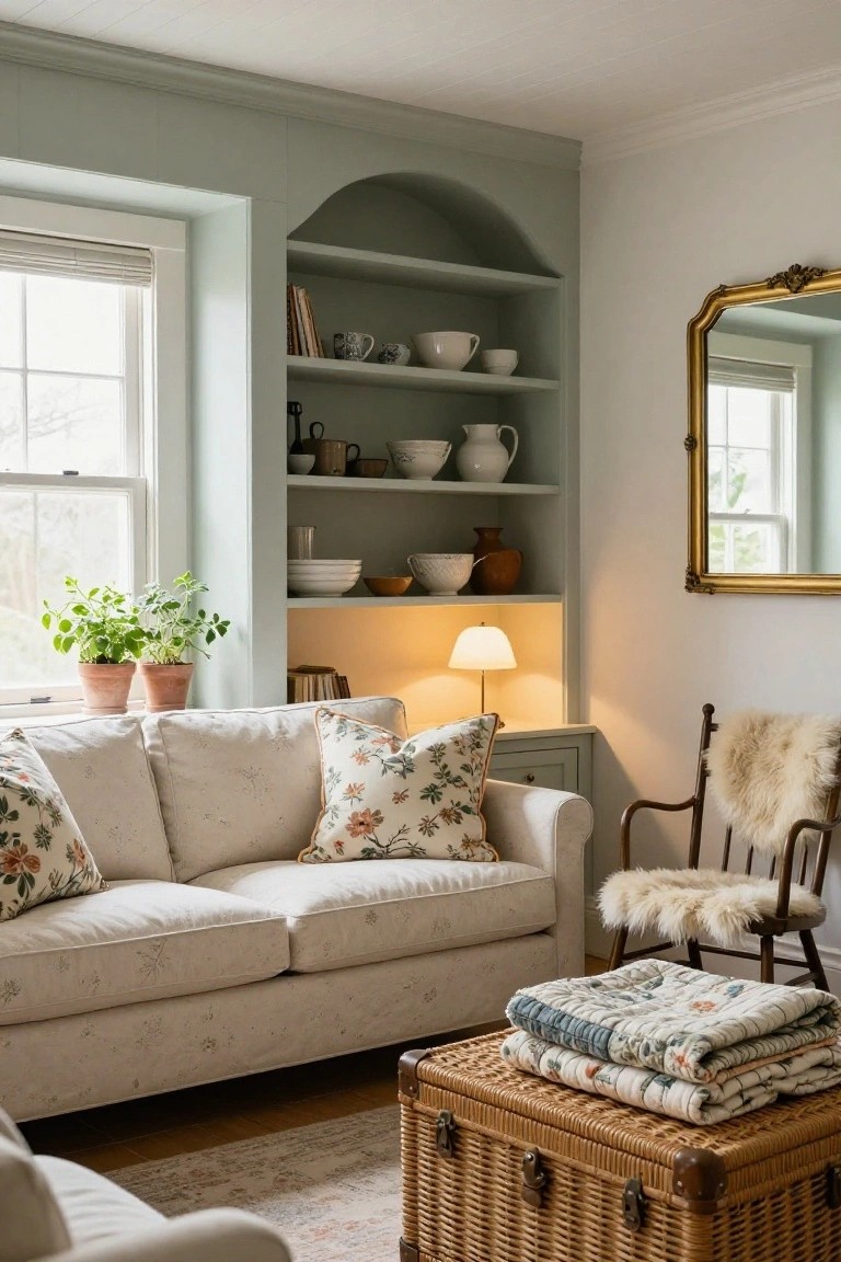 A living room with sage green arched built-in shelving around a window displaying books, ceramics, and plants, a cream sofa with floral pillows below, a wooden rocking chair with sheepskin throw, and stacked woven blankets on a wicker trunk coffee table over a patterned rug.
