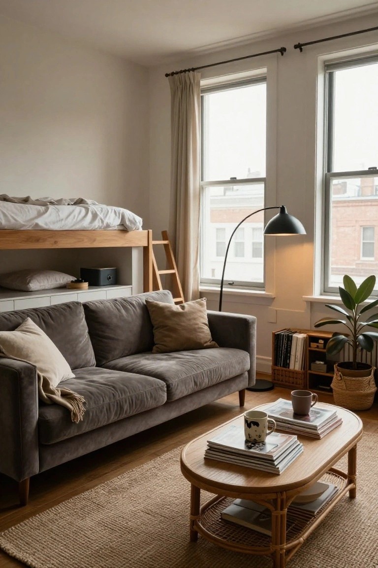 A studio apartment living room with a wooden bunk bed featuring a ladder and storage below, gray velvet sofa, rattan coffee table with books and mugs, potted plants, and two large windows.