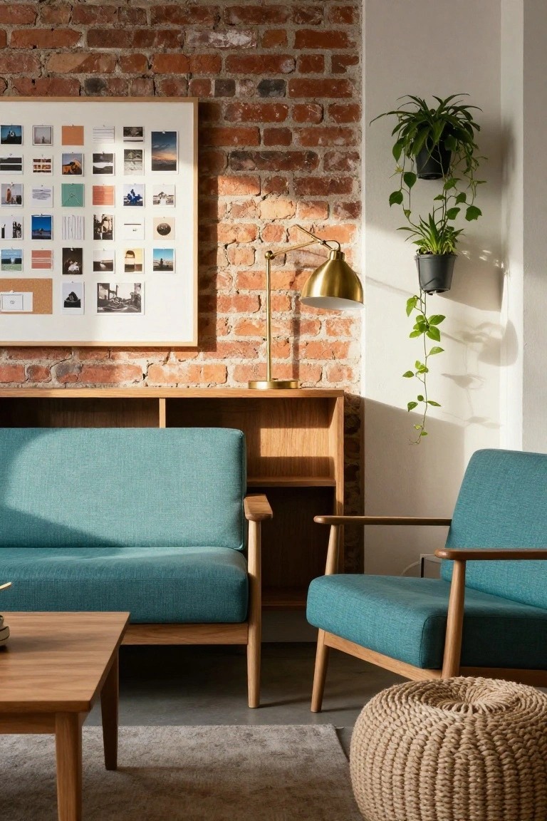 Living room with teal fabric on wooden-framed sofa and two armchairs arranged around a low wooden coffee table and woven pouf, exposed brick wall with photo grid frame, wooden credenza, gold lamp, and hanging plants.